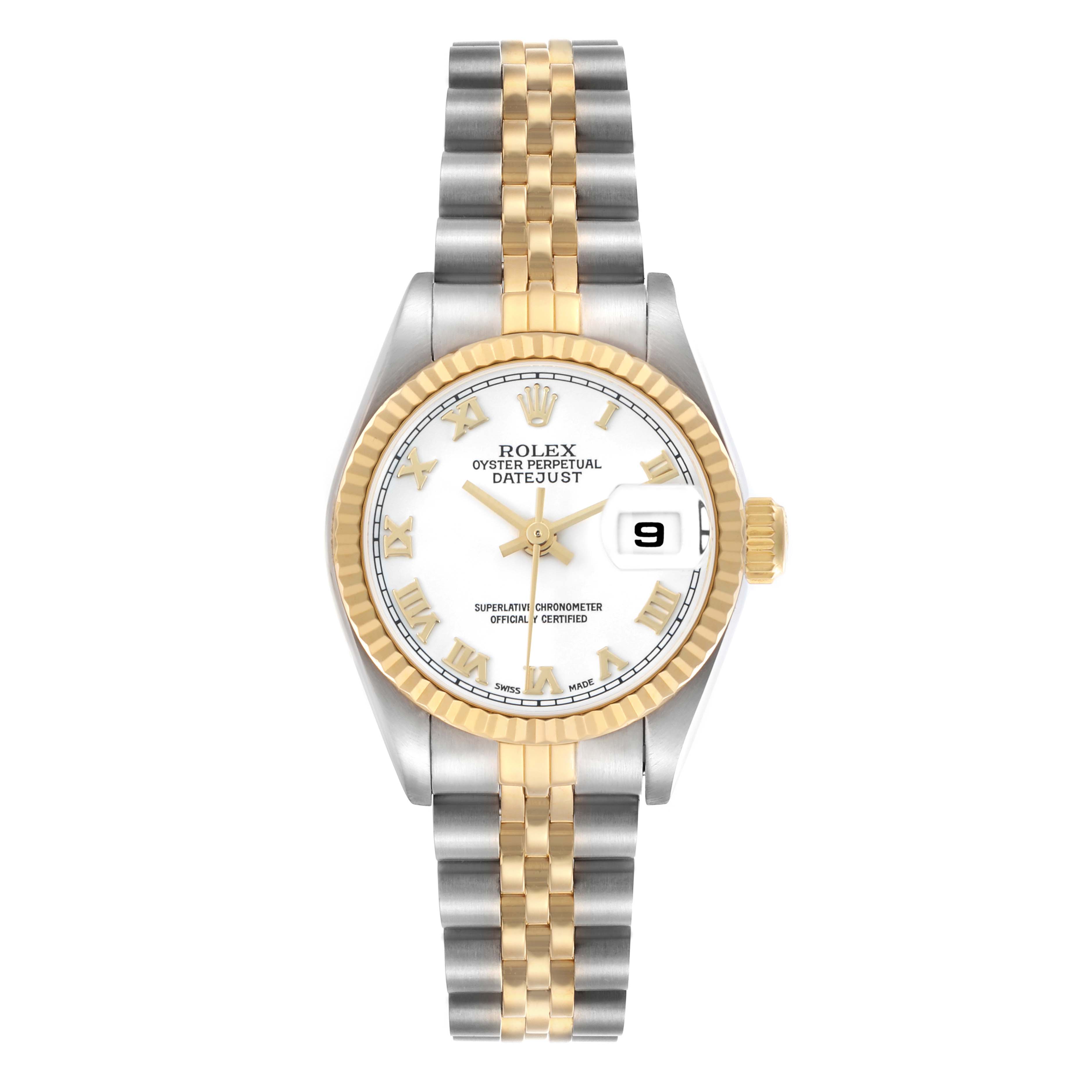 The Rolex Datejust 69173 Women
s Steel and Gold (two tone) White Dial watch is shown from the front, displaying the face, bezel, crown, and entire bracelet.
