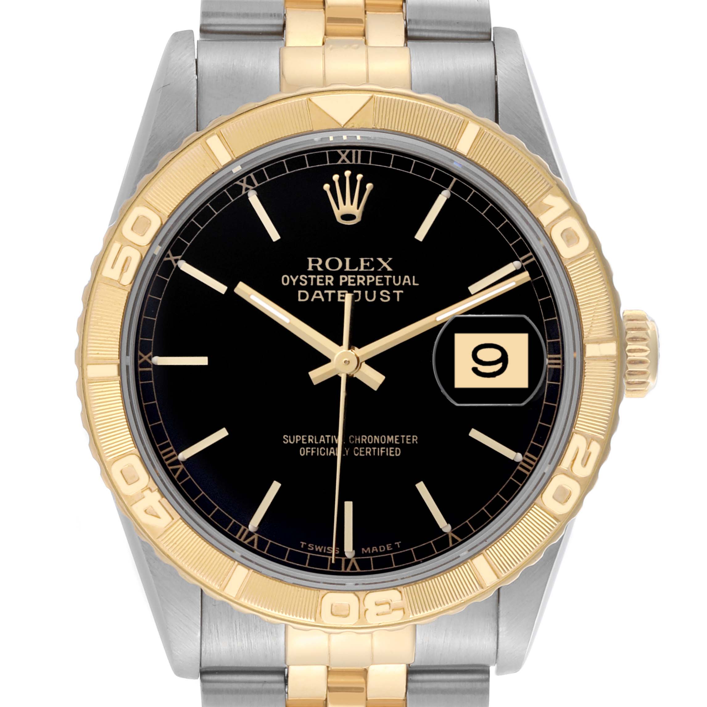 The image shows a front view of a Rolex Turn-o-Graph 16263 Men
s Steel and Gold (two tone) Black Dial 16263 Men
s Steel and Gold (two tone) Black Dial watch featuring the bezel, dial, and crown.