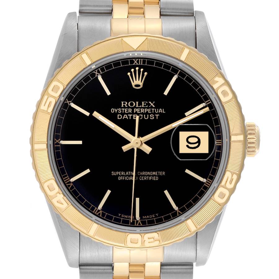 The image shows a front view of a Rolex Turn-o-Graph watch featuring the bezel, dial, and crown.