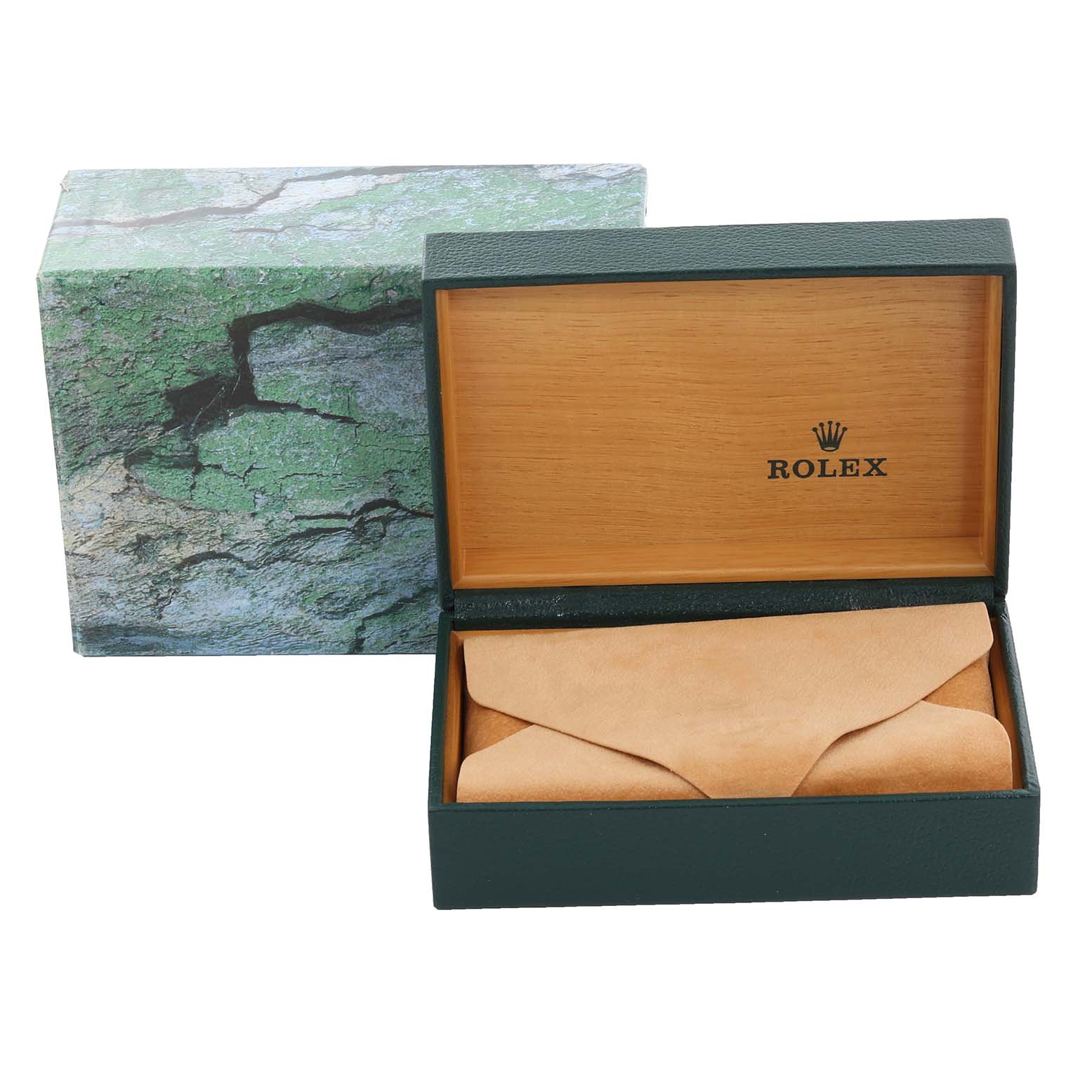 The image shows a Rolex Turn-o-Graph 16263 Men
s Steel and Gold (two tone) Black Dial 16263 Men
s Steel and Gold (two tone) Black Dial watch box and pouch, with the box open, angled to display its interior.