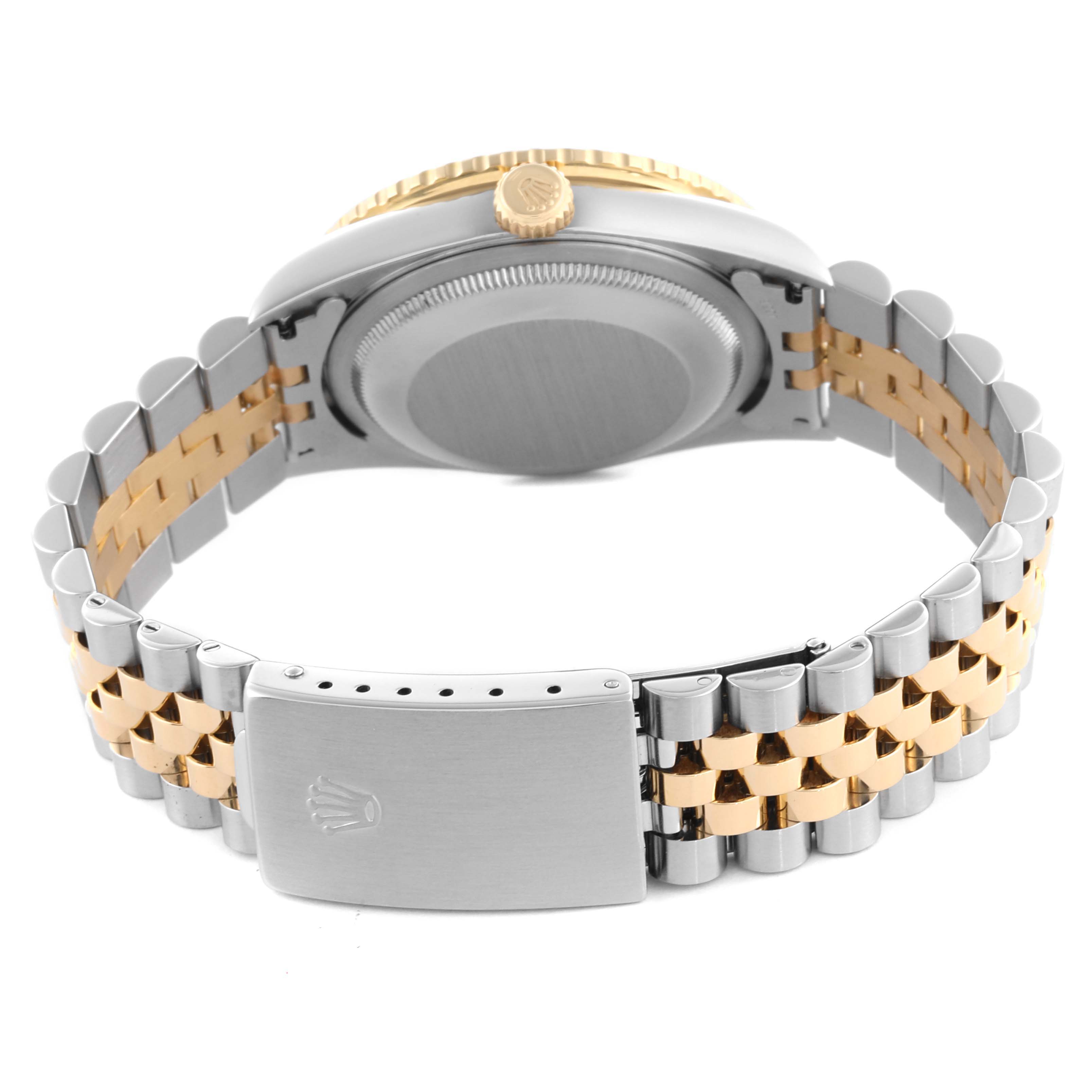 The image shows the back view of a Rolex Turn-o-Graph 16263 Men
s Steel and Gold (two tone) Black Dial 16263 Men
s Steel and Gold (two tone) Black Dial, highlighting the case back, crown, and two-tone bracelet with clasp.