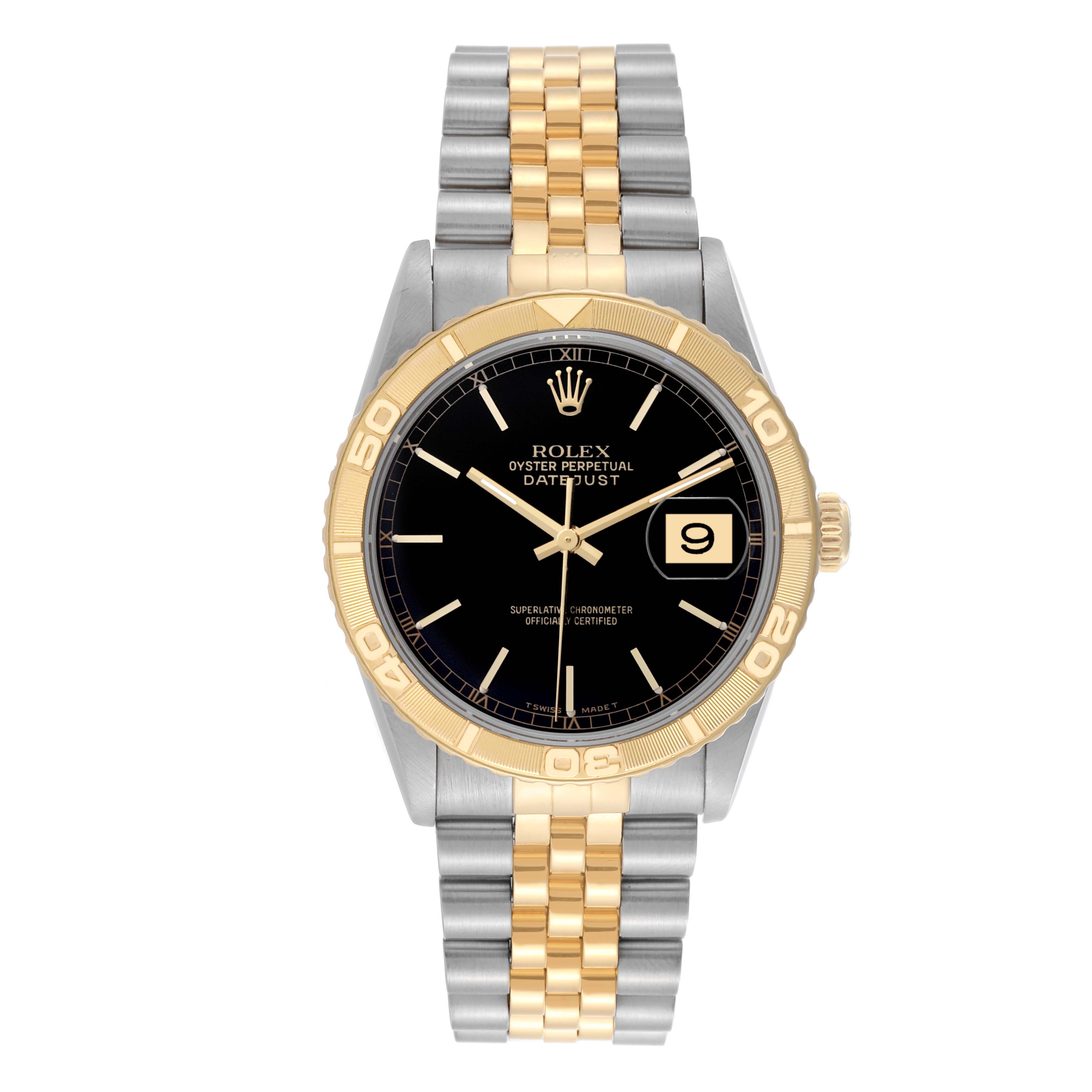The Rolex Turn-o-Graph 16263 Men
s Steel and Gold (two tone) Black Dial 16263 Men
s Steel and Gold (two tone) Black Dial is shown from a front angle, displaying its gold bezel, black dial, and two-tone bracelet.