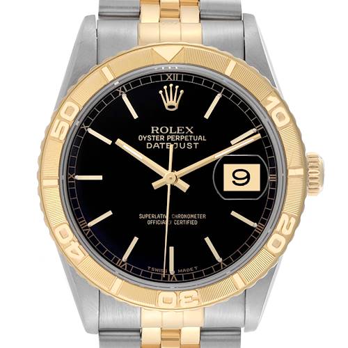 The image shows a front view of a Rolex Turn-o-Graph watch, highlighting the bezel, dial, hands, and bracelet.