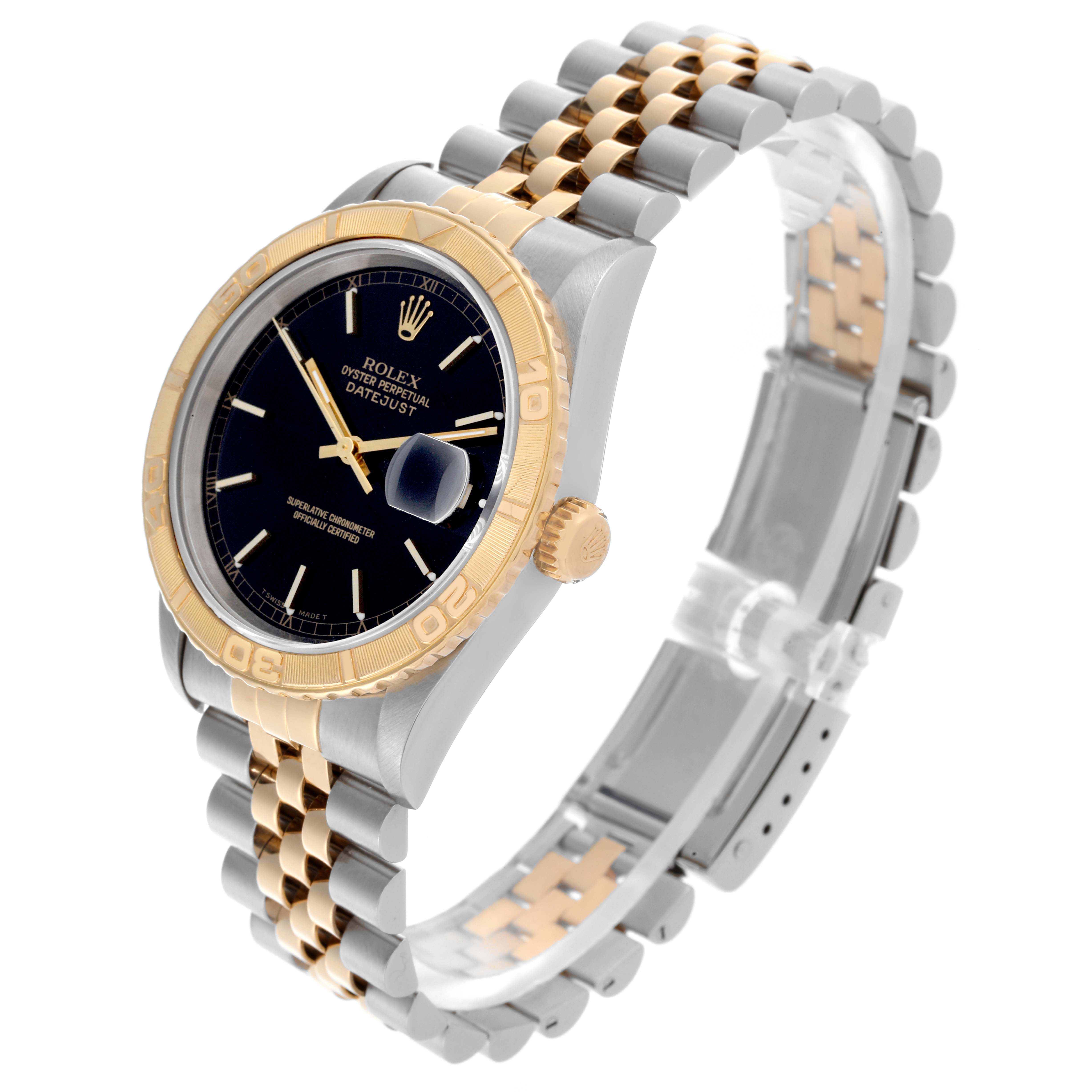 The Rolex Turn-o-Graph 16263 Men
s Steel and Gold (two tone) Black Dial 16263 Men
s Steel and Gold (two tone) Black Dial watch is shown from a three-quarter angle, highlighting the dial, bezel, and jubilee bracelet.
