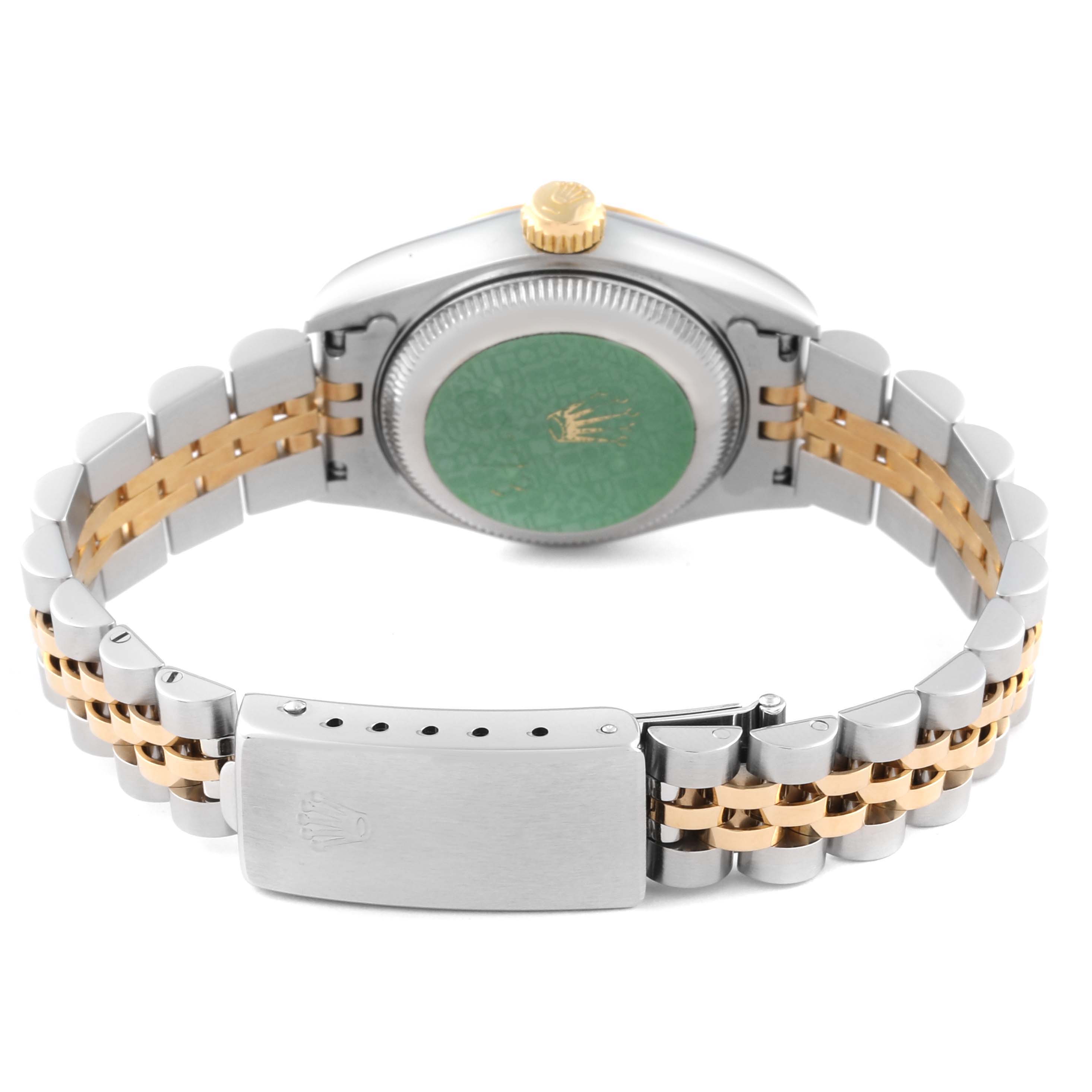 The image shows the back and bracelet of a Rolex Datejust 69173 Women's Steel and Gold (two tone) White Dial 69173 Women's Steel and Gold (two tone) White Dial watch, highlighting the clasp and case back.