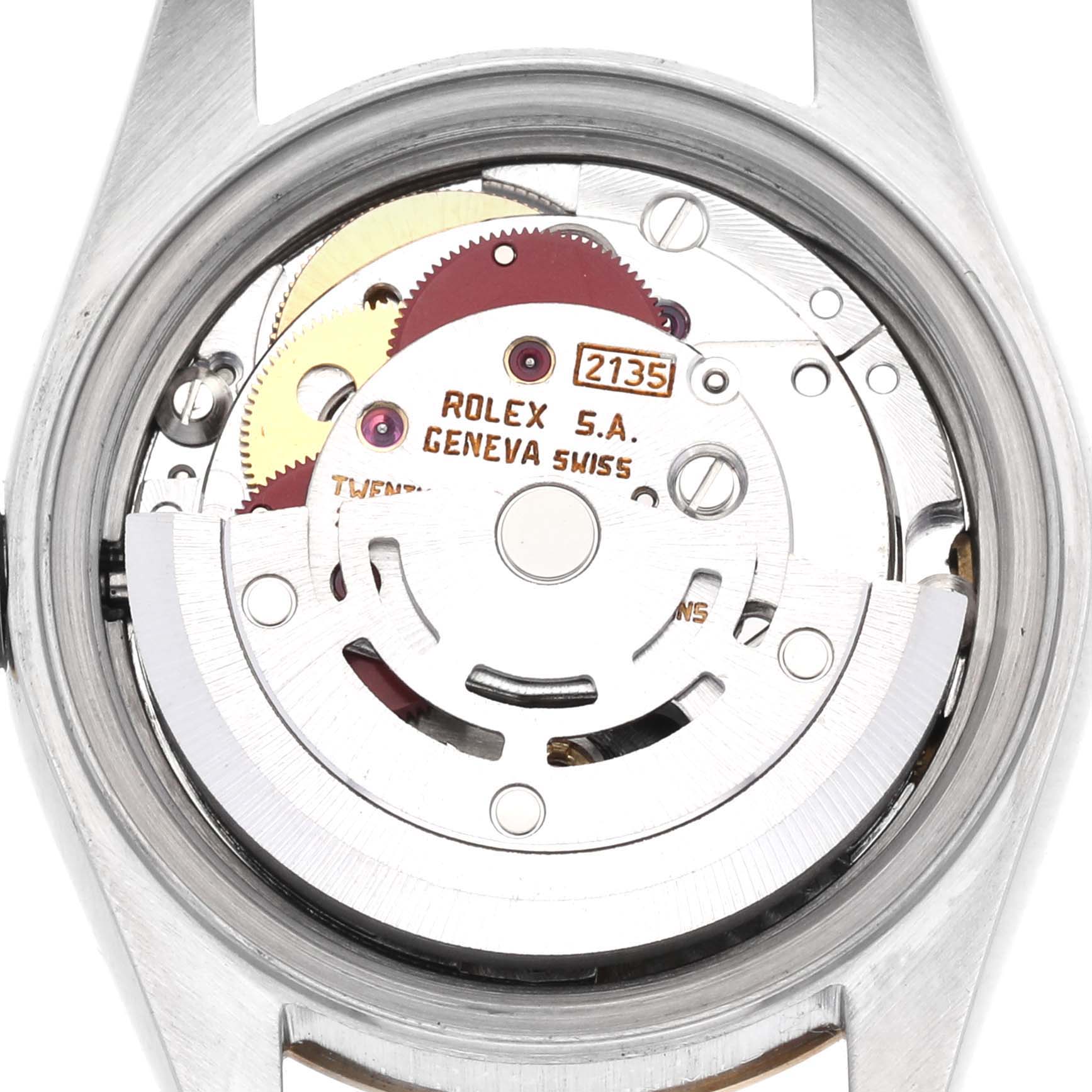 The image shows the back view of a Rolex Datejust 69173 Women's Steel and Gold (two tone) White Dial 69173 Women's Steel and Gold (two tone) White Dial, displaying its exposed internal movement.