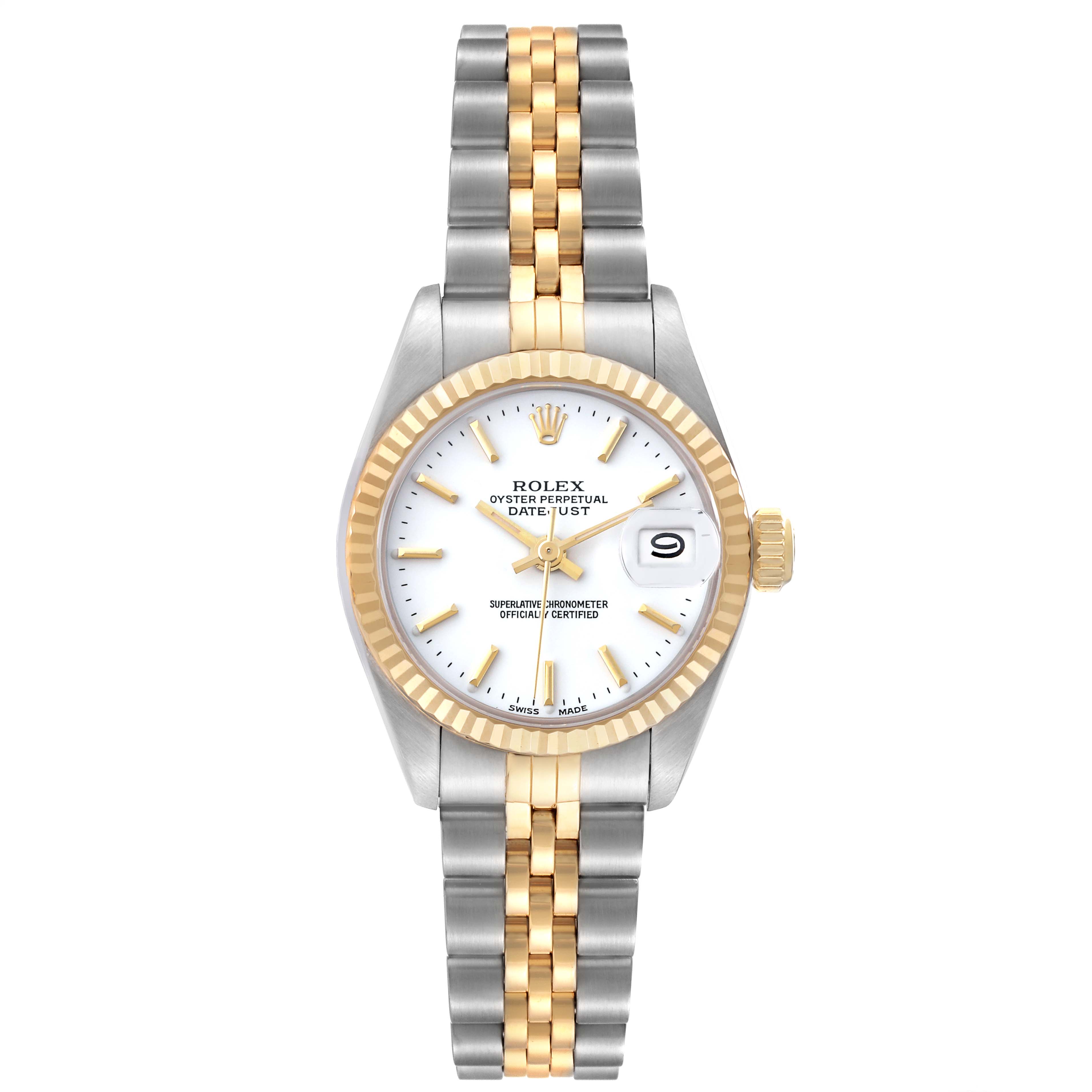 The image shows a front view of a Rolex Datejust 69173 Women's Steel and Gold (two tone) White Dial 69173 Women's Steel and Gold (two tone) White Dial watch with a two-tone bracelet and fluted bezel.