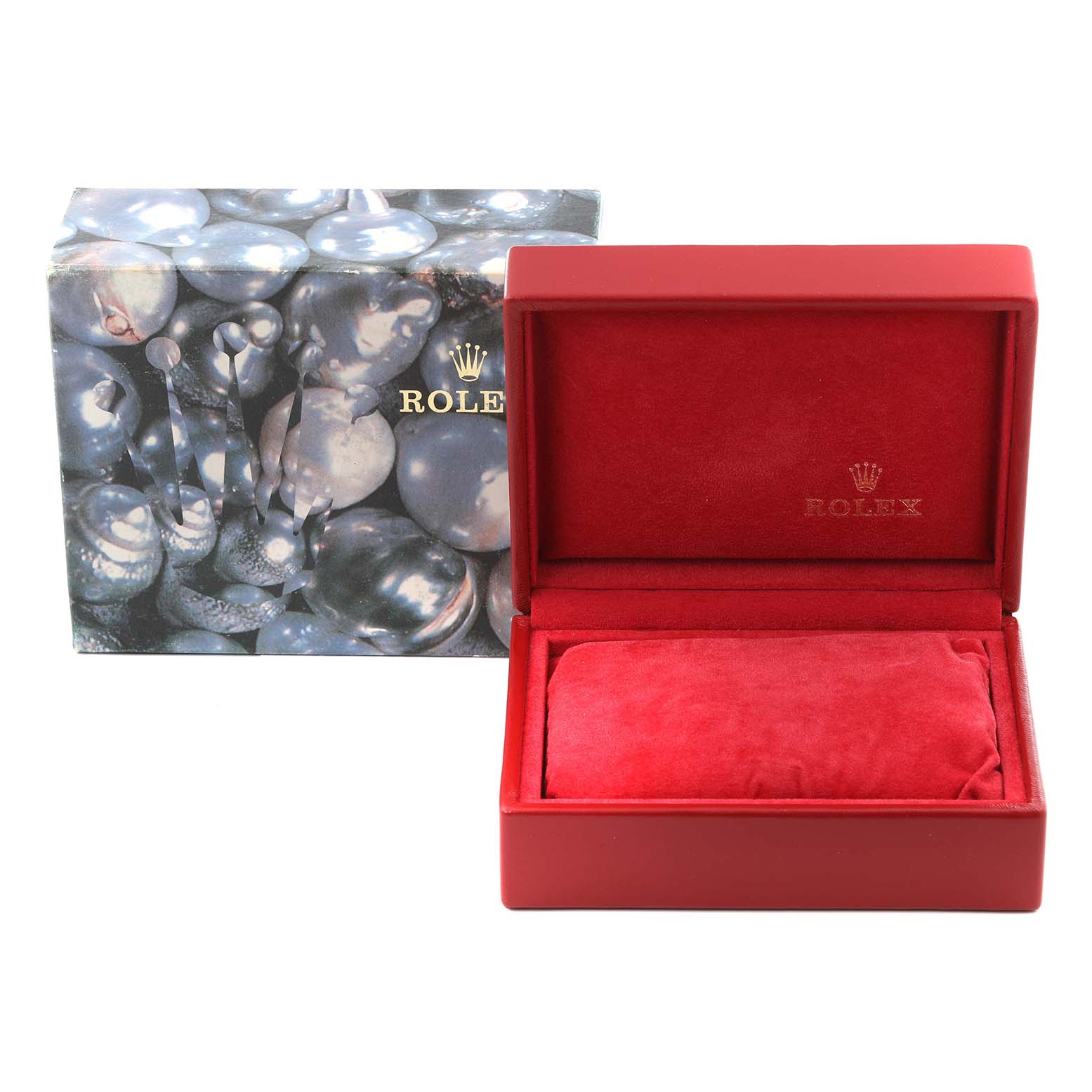 The image shows a Rolex Datejust 69173 Women's Steel and Gold (two tone) White Dial 69173 Women's Steel and Gold (two tone) White Dial watch box and packaging with a red interior and textured exterior design.