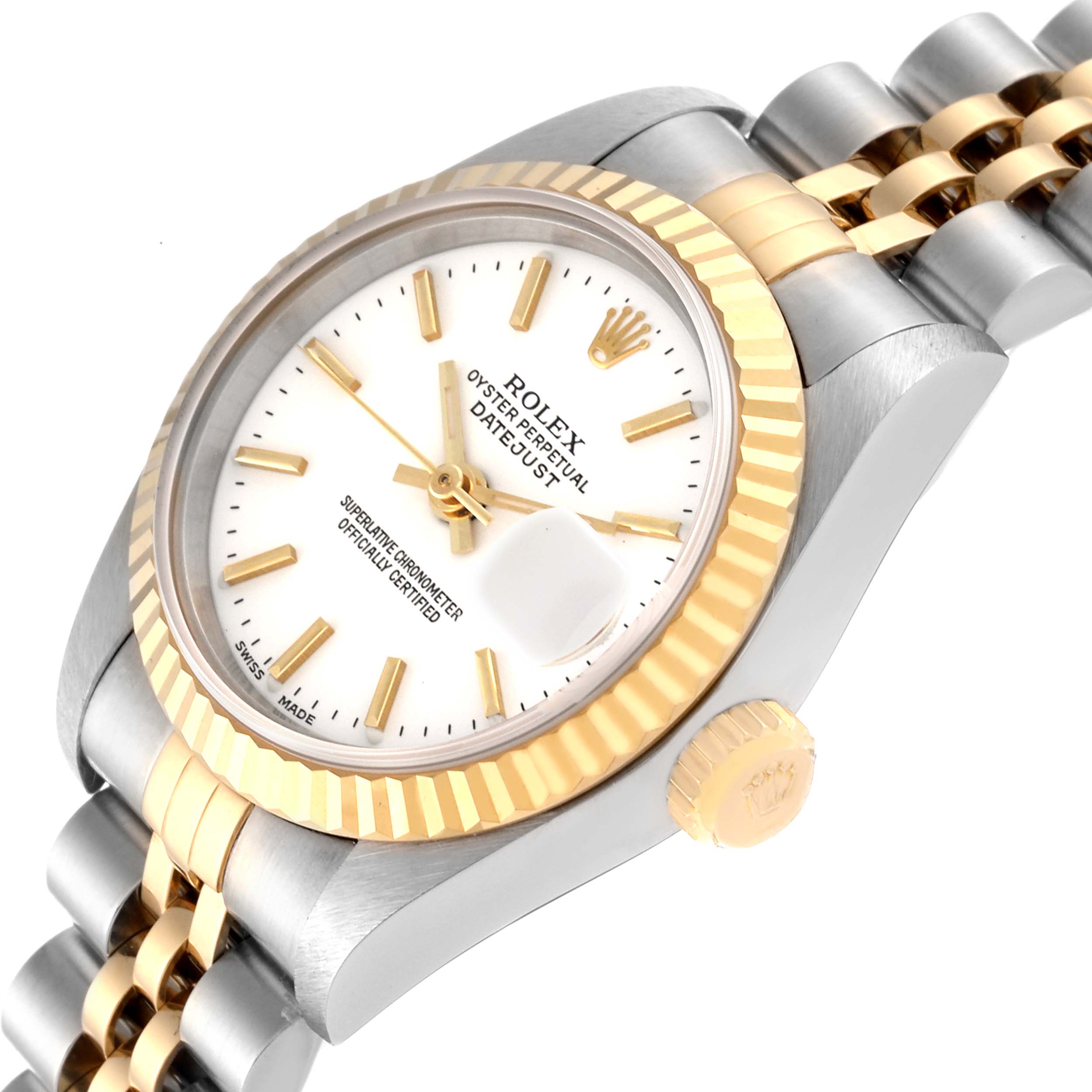 The Rolex Datejust 69173 Women's Steel and Gold (two tone) White Dial 69173 Women's Steel and Gold (two tone) White Dial watch is shown at an angle, highlighting the dial, bezel, crown, and part of the bracelet.