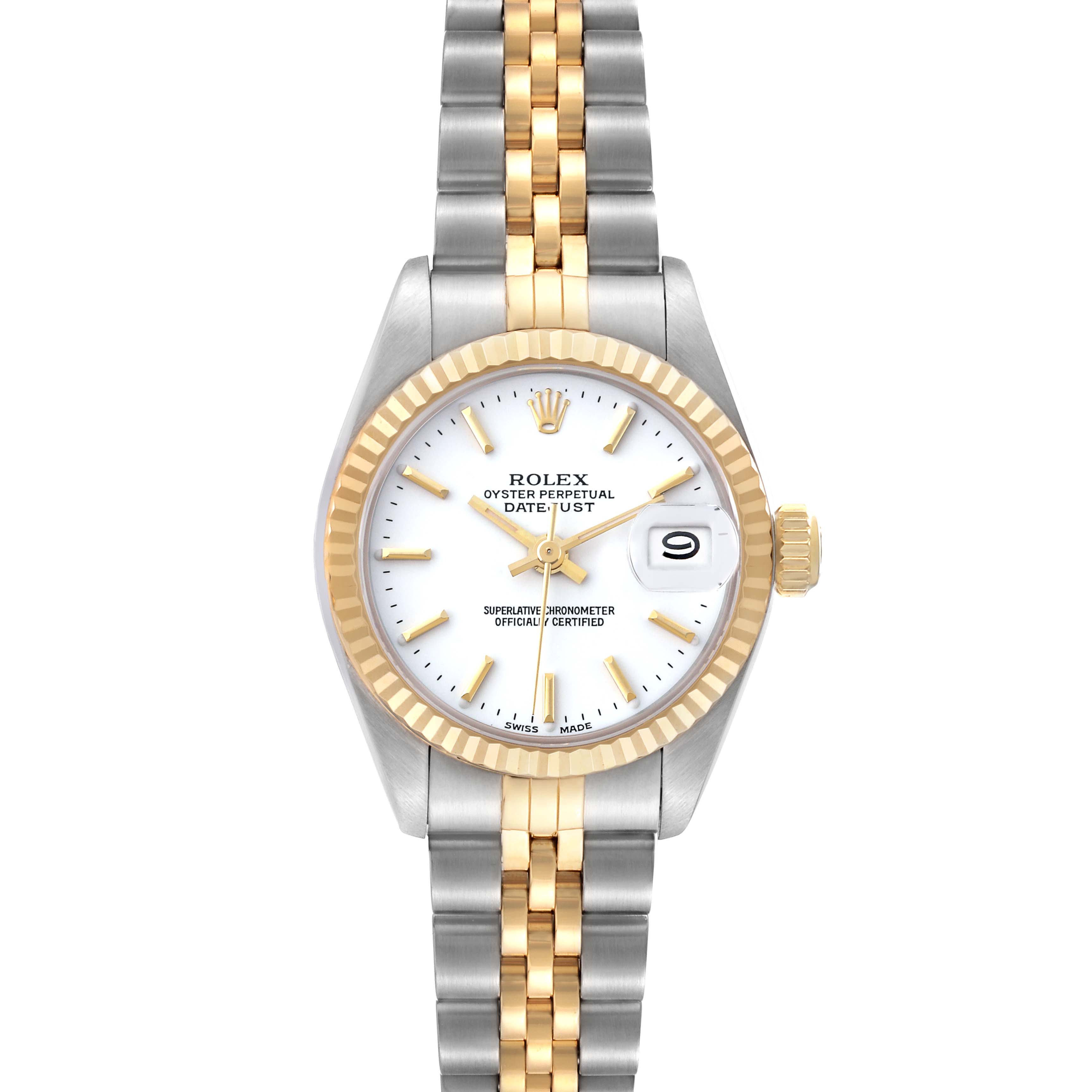 The Rolex Datejust 69173 Women's Steel and Gold (two tone) White Dial 69173 Women's Steel and Gold (two tone) White Dial is shown from the front, displaying the dial, fluted bezel, and two-tone bracelet.