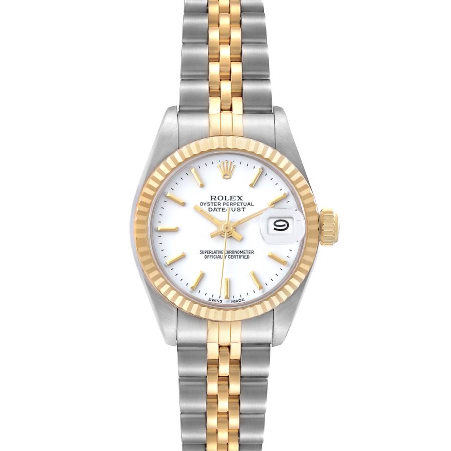The Rolex Datejust is shown from the front, displaying the dial, fluted bezel, and two-tone bracelet.
