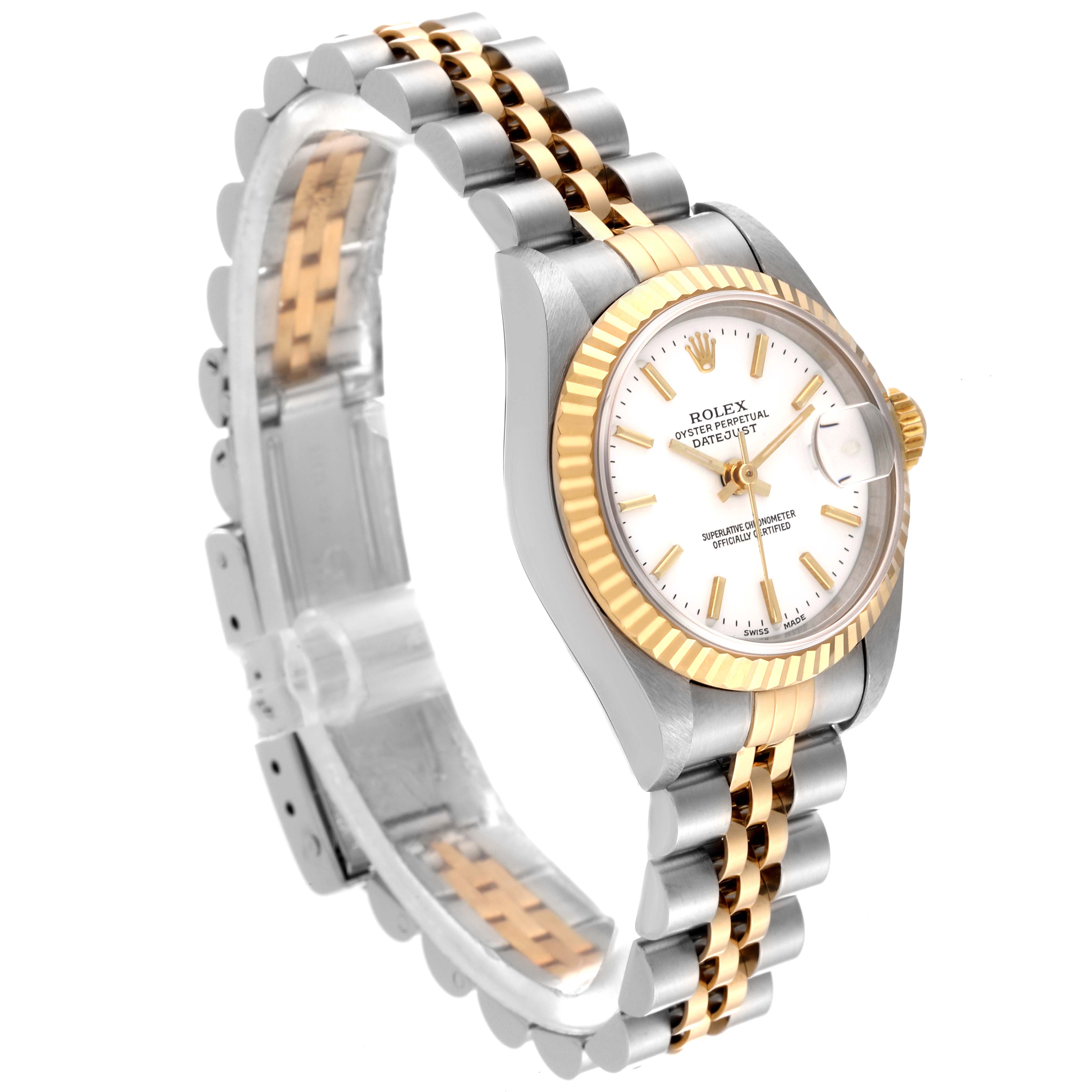 The Rolex Datejust 69173 Women's Steel and Gold (two tone) White Dial 69173 Women's Steel and Gold (two tone) White Dial watch is shown at a three-quarter angle, highlighting the face, bezel, and two-tone bracelet.