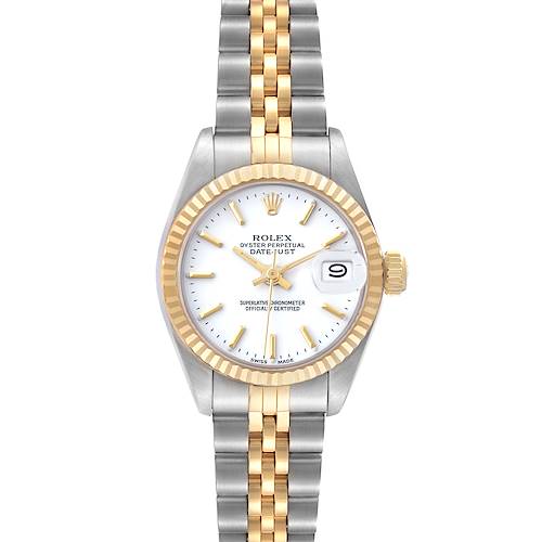The Rolex Datejust watch is shown from the front, displaying its face, fluted bezel, crown, and two-tone bracelet.