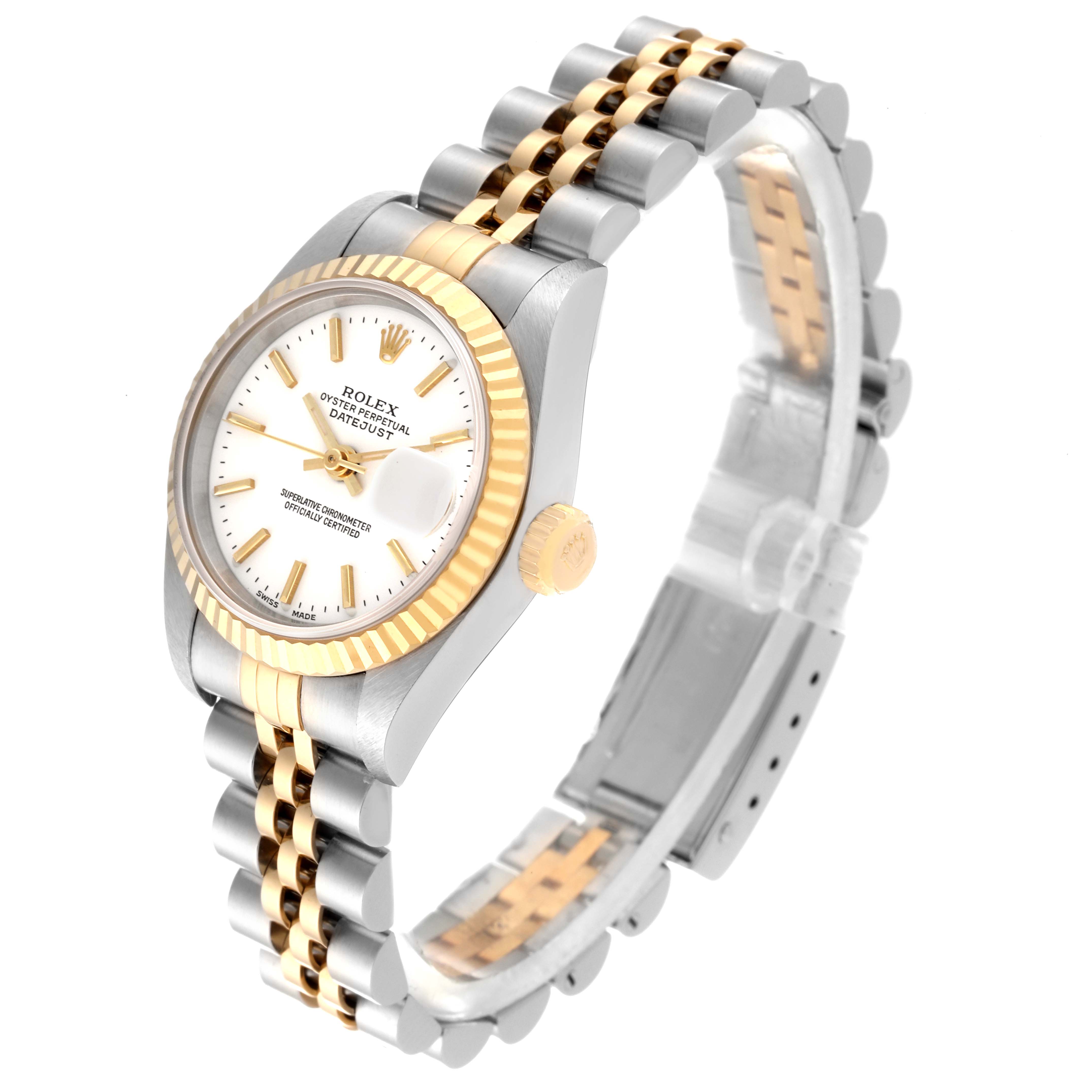 The Rolex Datejust 69173 Women's Steel and Gold (two tone) White Dial 69173 Women's Steel and Gold (two tone) White Dial watch is shown from a three-quarter angle highlighting the face, bezel, crown, and two-tone jubilee bracelet.