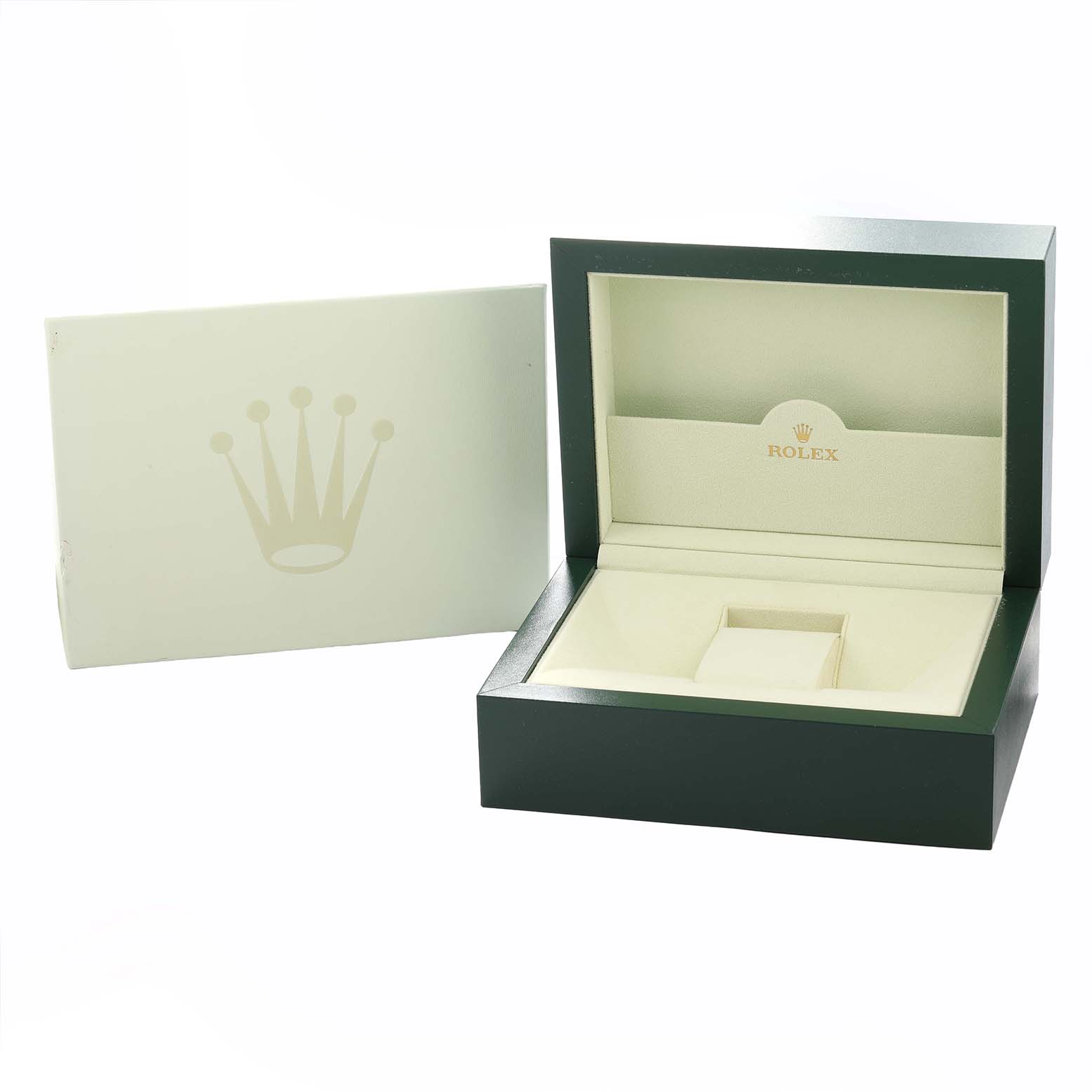 The image shows an open Rolex Daytona 116509 Men
s White Gold Silver Dial watch box and its outer packaging, viewed from the front.