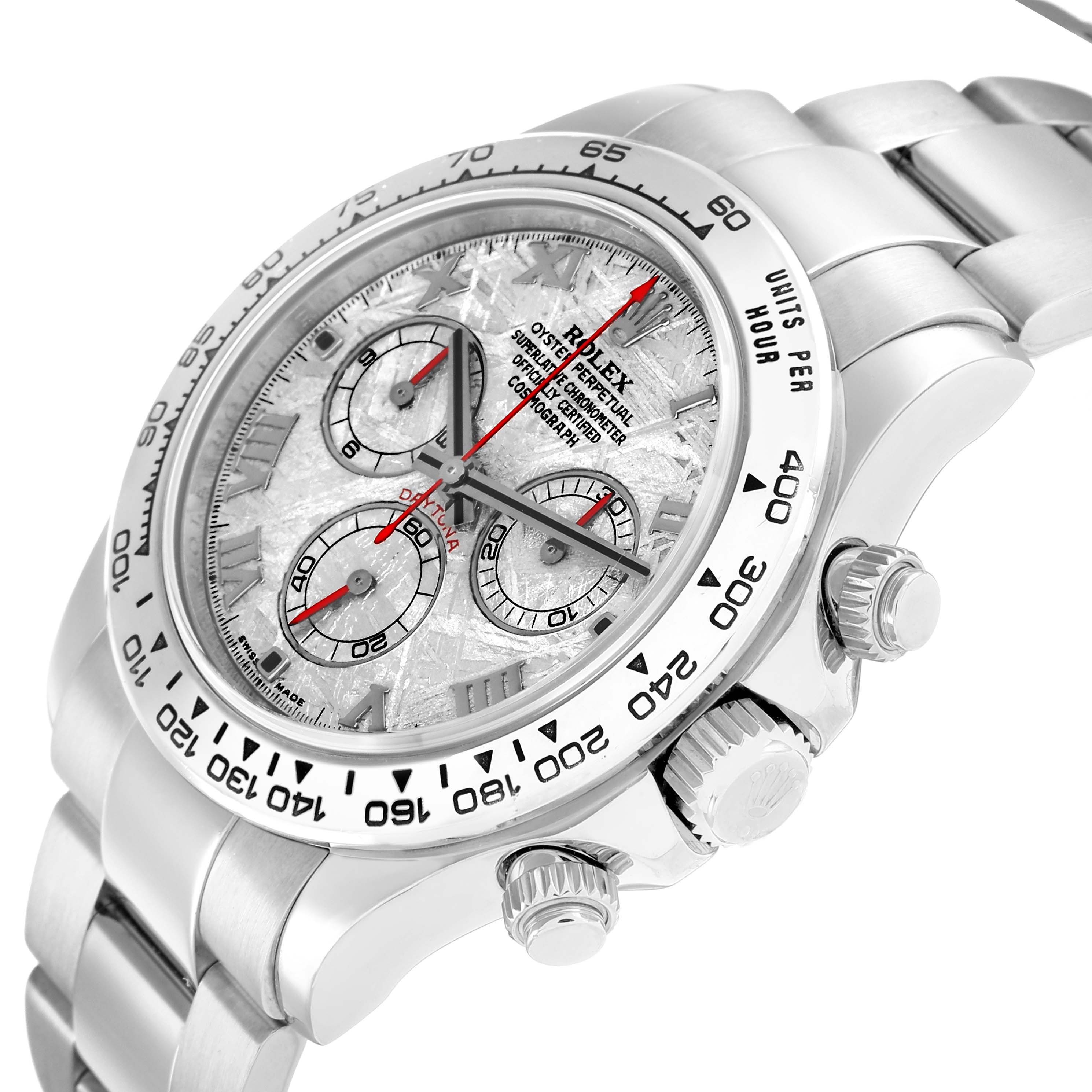 The Rolex Daytona 116509 Men
s White Gold Silver Dial watch is shown at a tilted side angle, highlighting the bezel, dial, crown, and pushers.