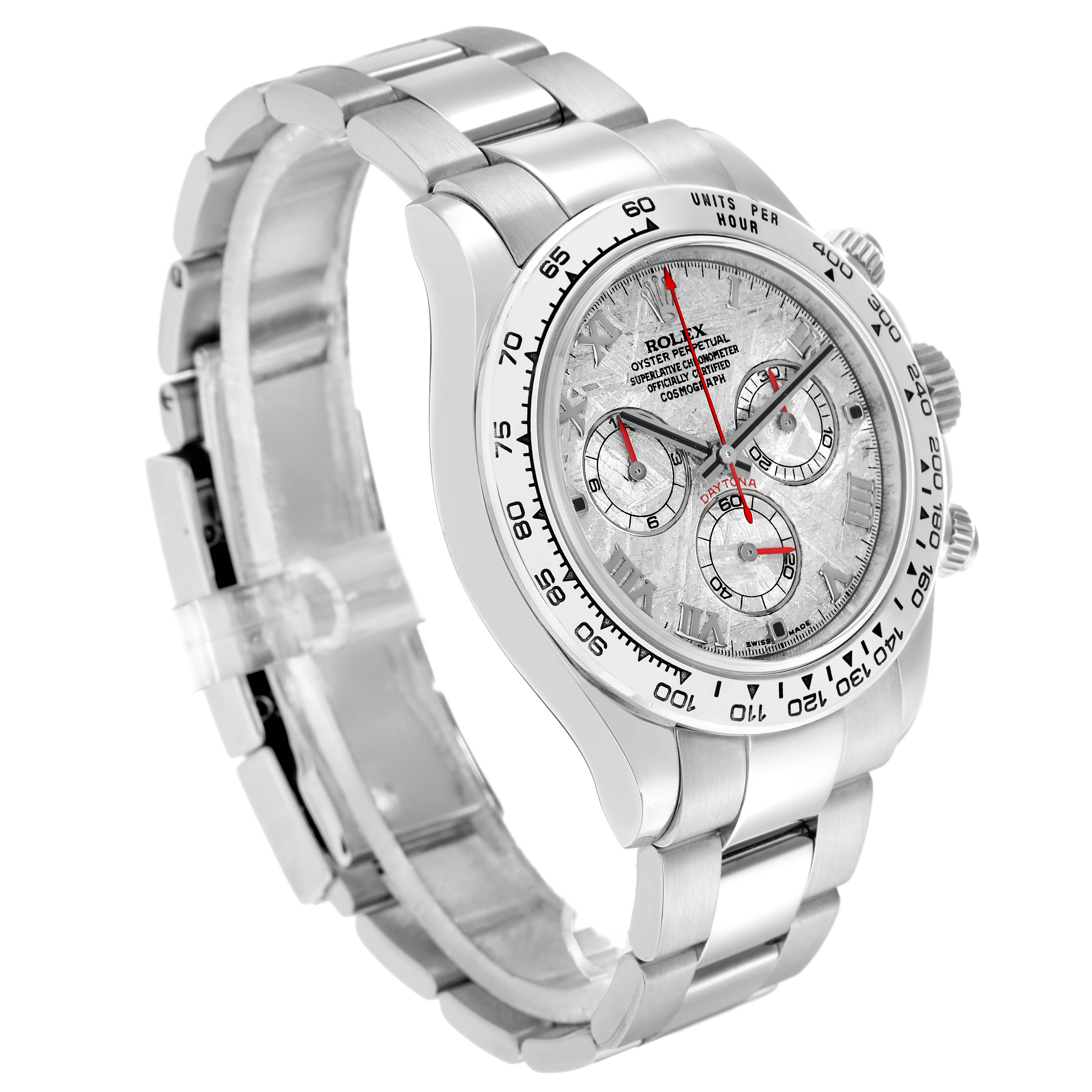 The Rolex Daytona 116509 Men
s White Gold Silver Dial watch is shown at a three-quarter angle, displaying the face, case, bezel, and bracelet.