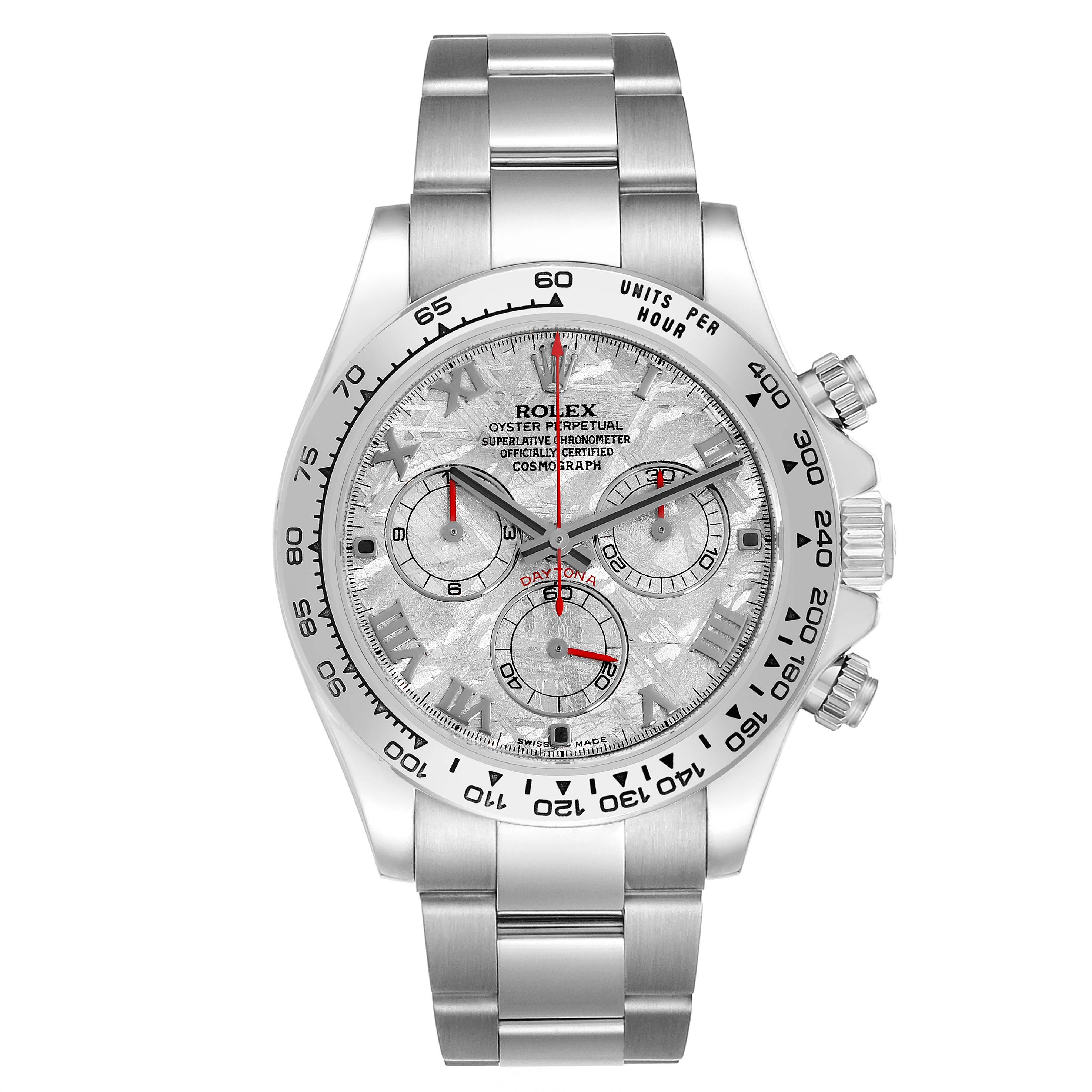 The Rolex Daytona 116509 Men
s White Gold Silver Dial watch is shown from the front, highlighting the dial, bezel, and bracelet.