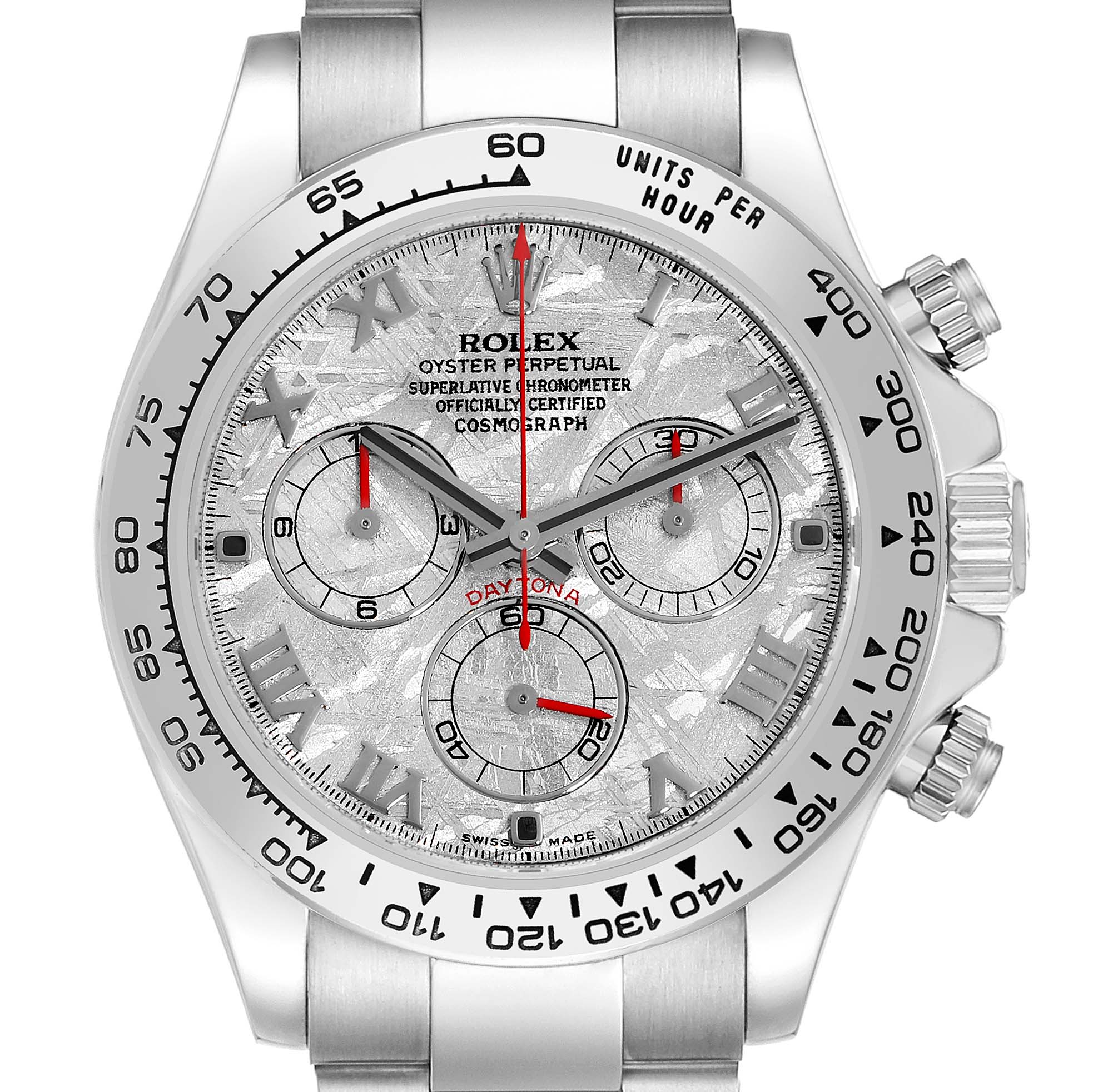 The Rolex Daytona 116509 Men
s White Gold Silver Dial watch is shown from a front angle, highlighting its face, bezel, and chronograph subdials.