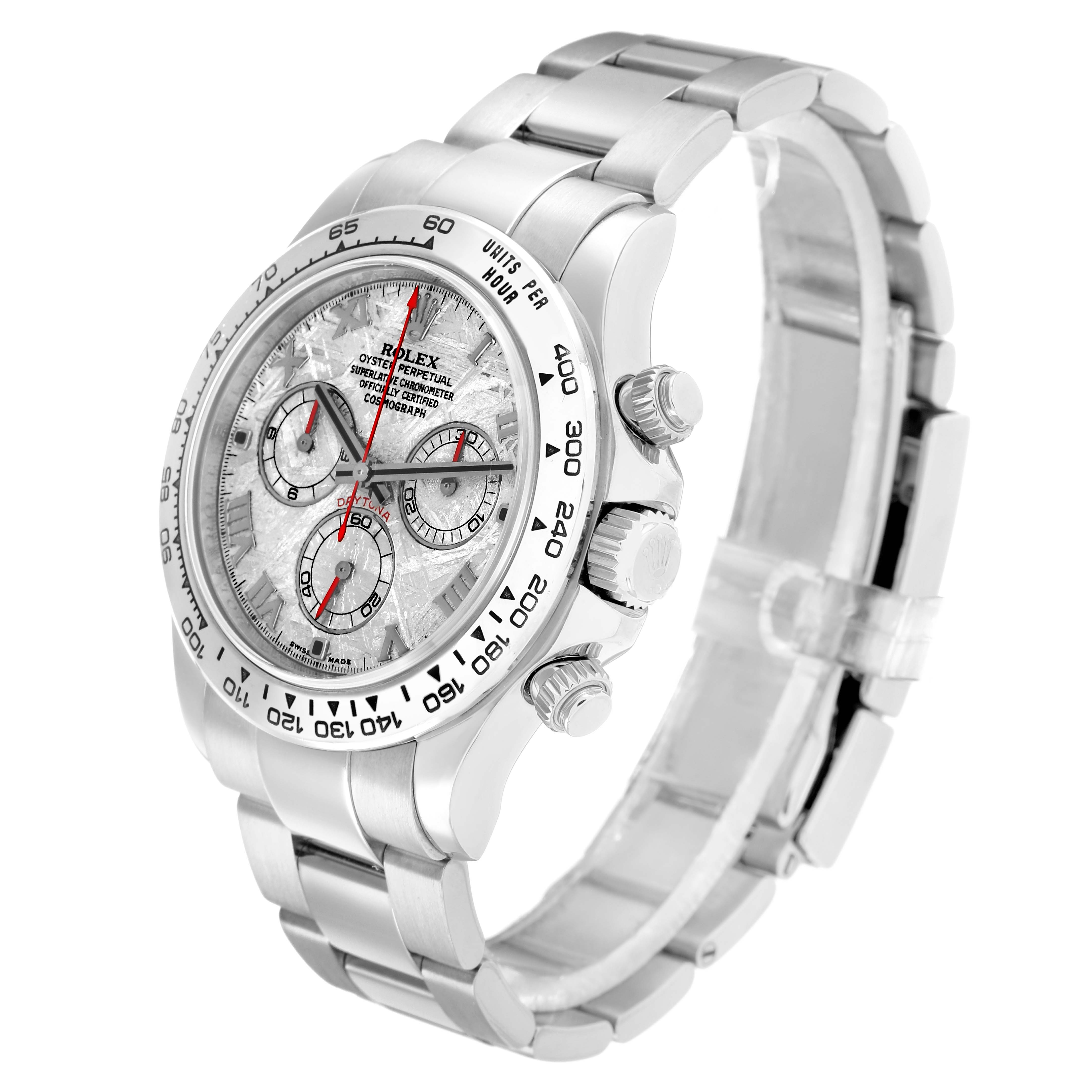 The Rolex Daytona 116509 Men
s White Gold Silver Dial watch is shown at a three-quarter angle, highlighting its face, bezel, pushers, and bracelet.