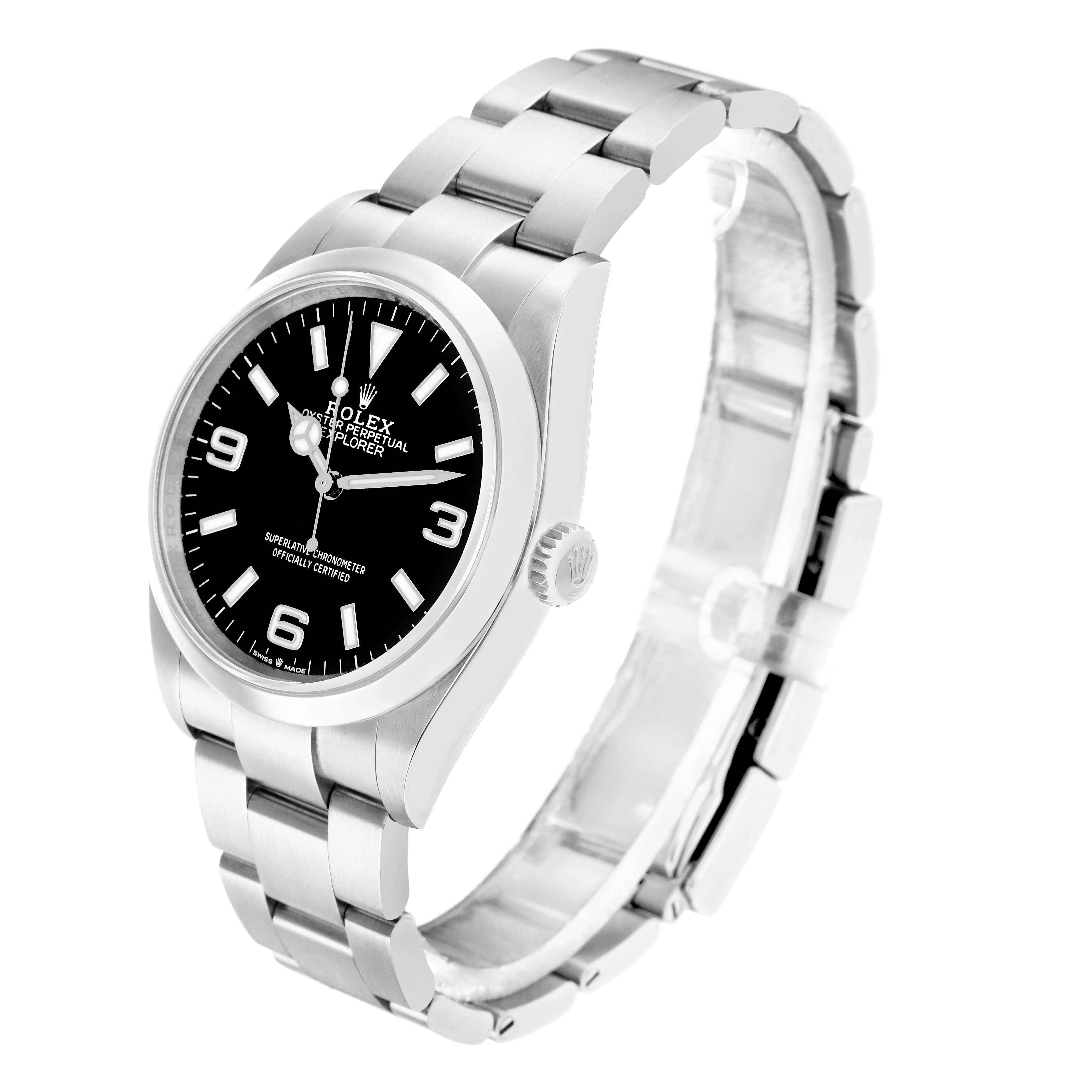 The Rolex Explorer 124270 Men
s Stainless Steel Black Dial watch is shown at a three-quarter angle, highlighting the dial, bracelet, and crown on the right side.