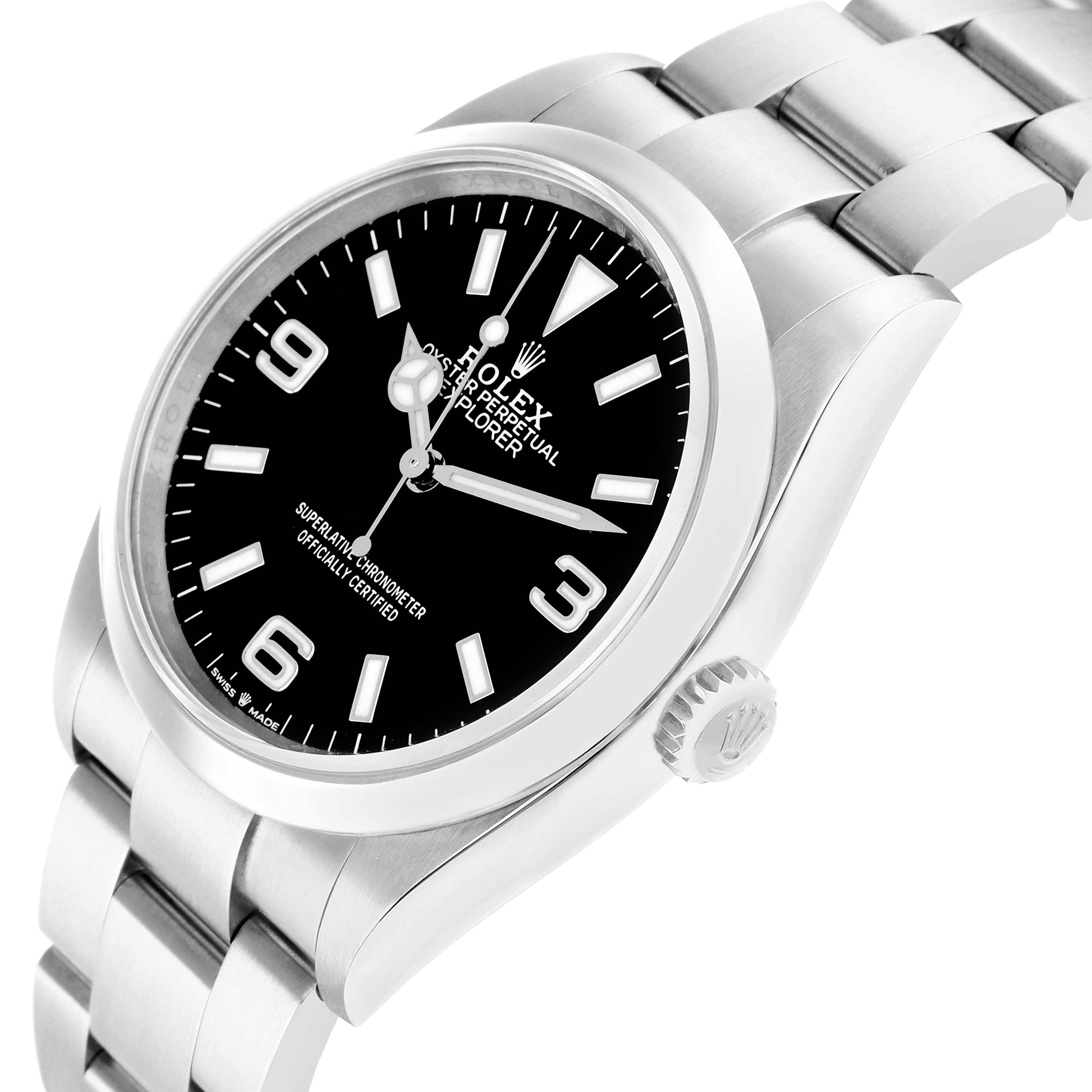 The Rolex Explorer 124270 Men
s Stainless Steel Black Dial watch is shown at an angle highlighting its dial, bezel, crown, and bracelet.