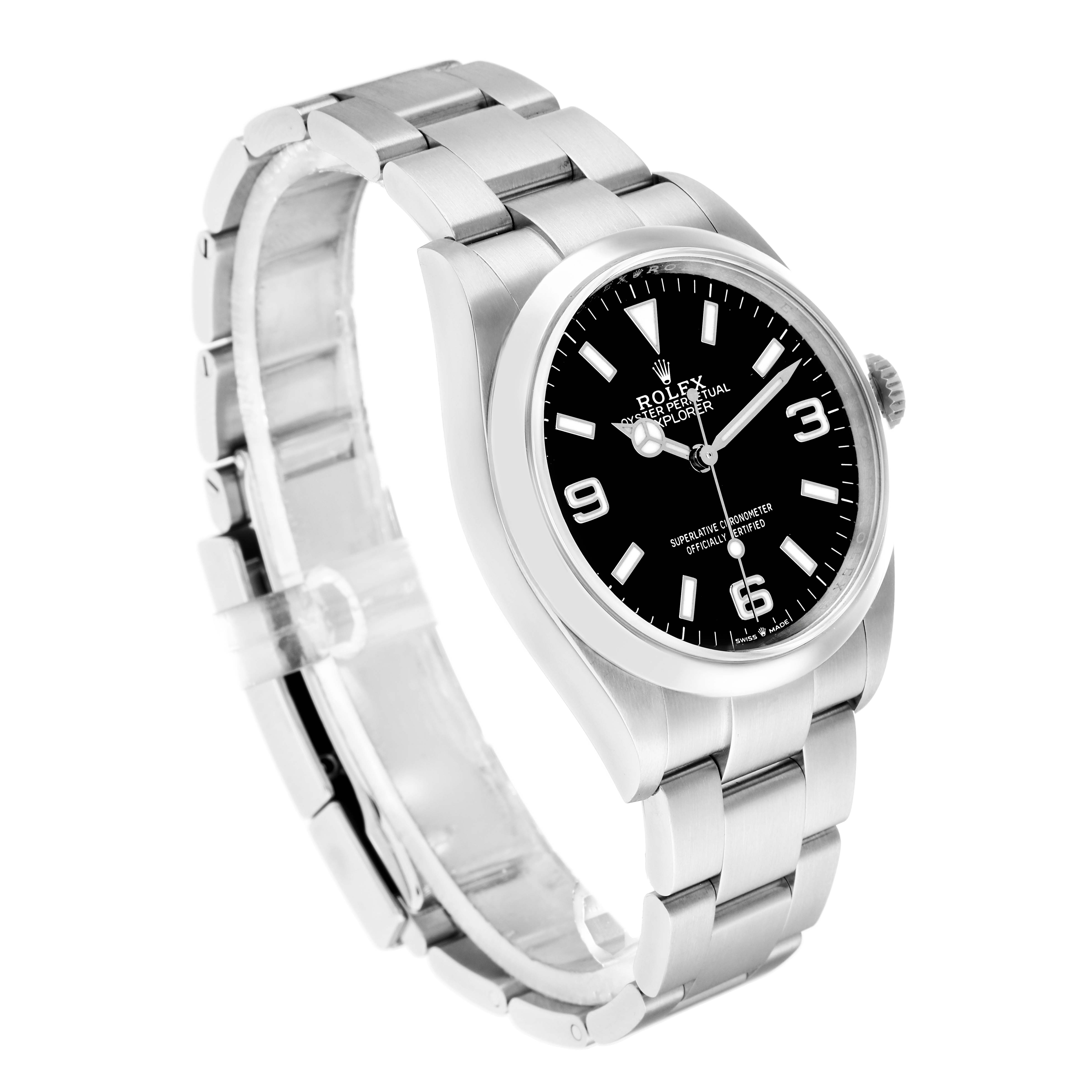 The Rolex Explorer 124270 Men
s Stainless Steel Black Dial watch is shown at a three-quarter angle, displaying the dial, case, bracelet, and crown.