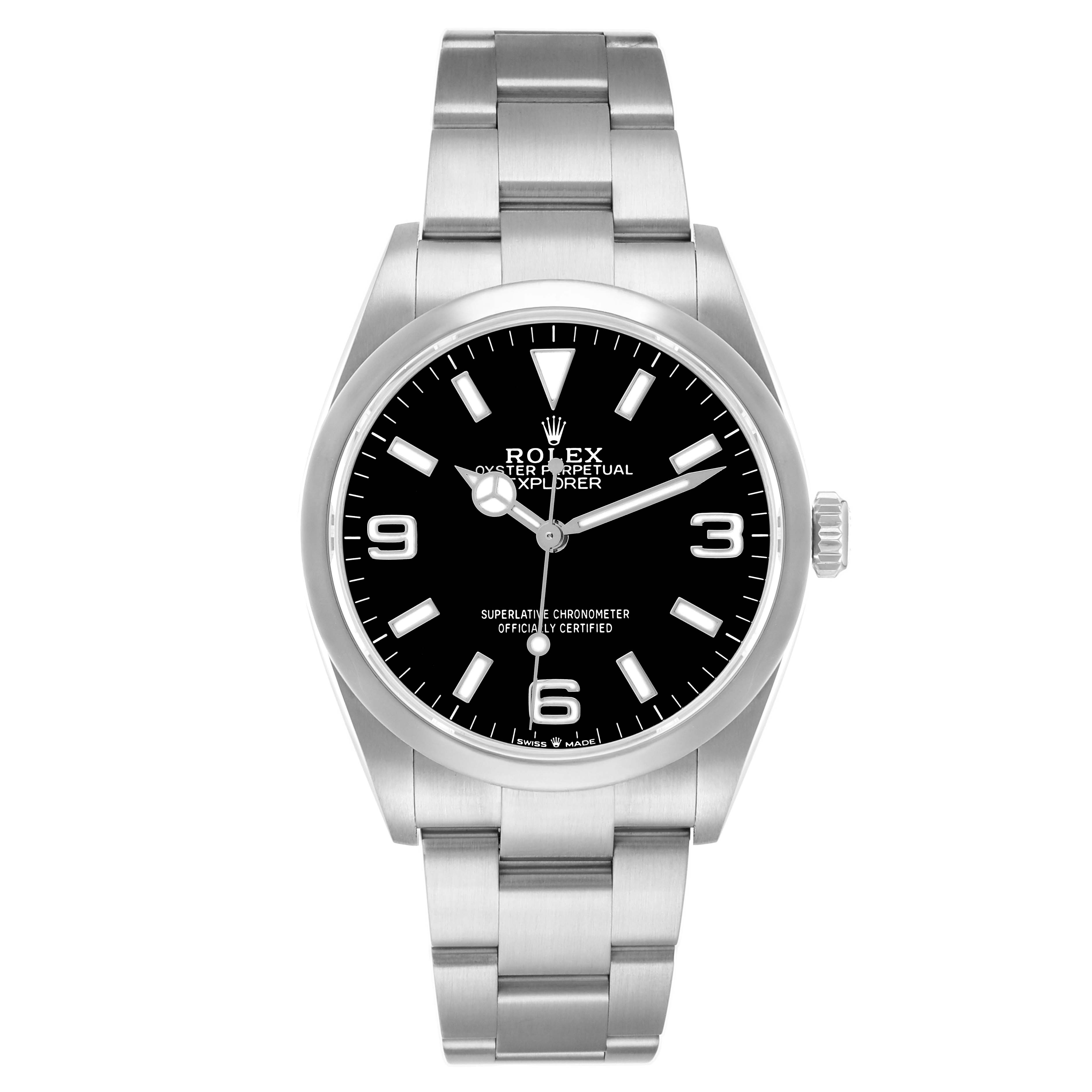 The Rolex Explorer 124270 Men
s Stainless Steel Black Dial watch is shown from a front angle, highlighting the dial, bezel, and bracelet.