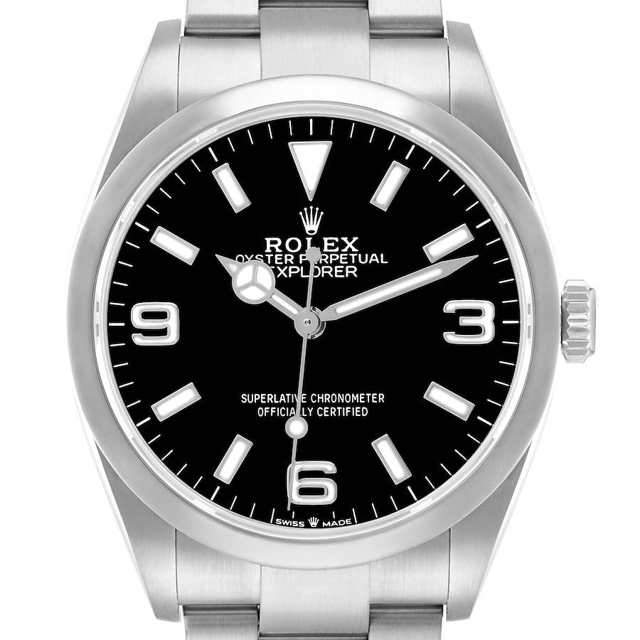 The Rolex Explorer 124270 Men's Stainless Steel Black Dial watch is shown from the front, displaying the dial, bezel, crown, and top of the bracelet.