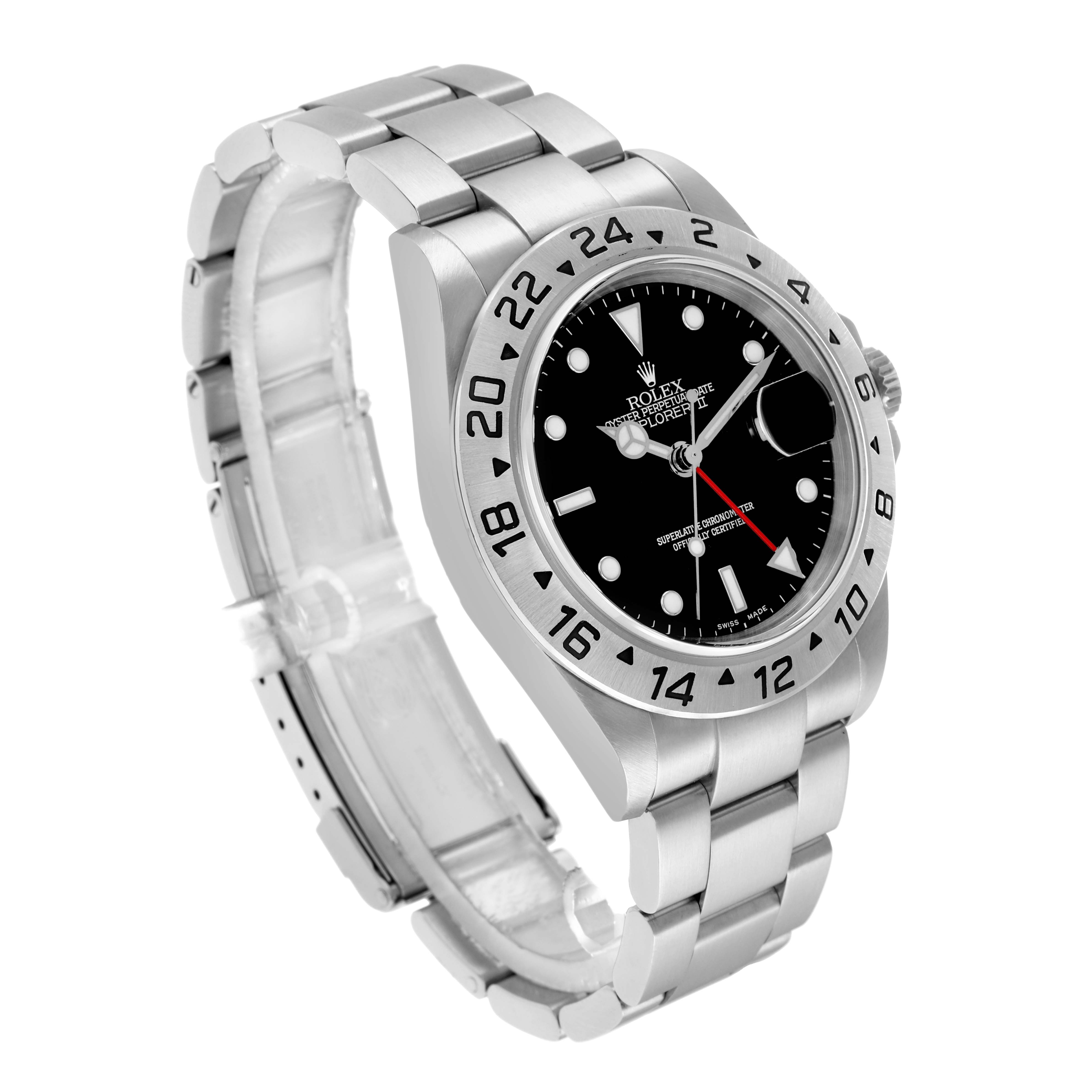 The Rolex Explorer 16570 Men
s Stainless Steel Black Dial watch is shown at a three-quarter angle, highlighting the bezel, dial, and bracelet.