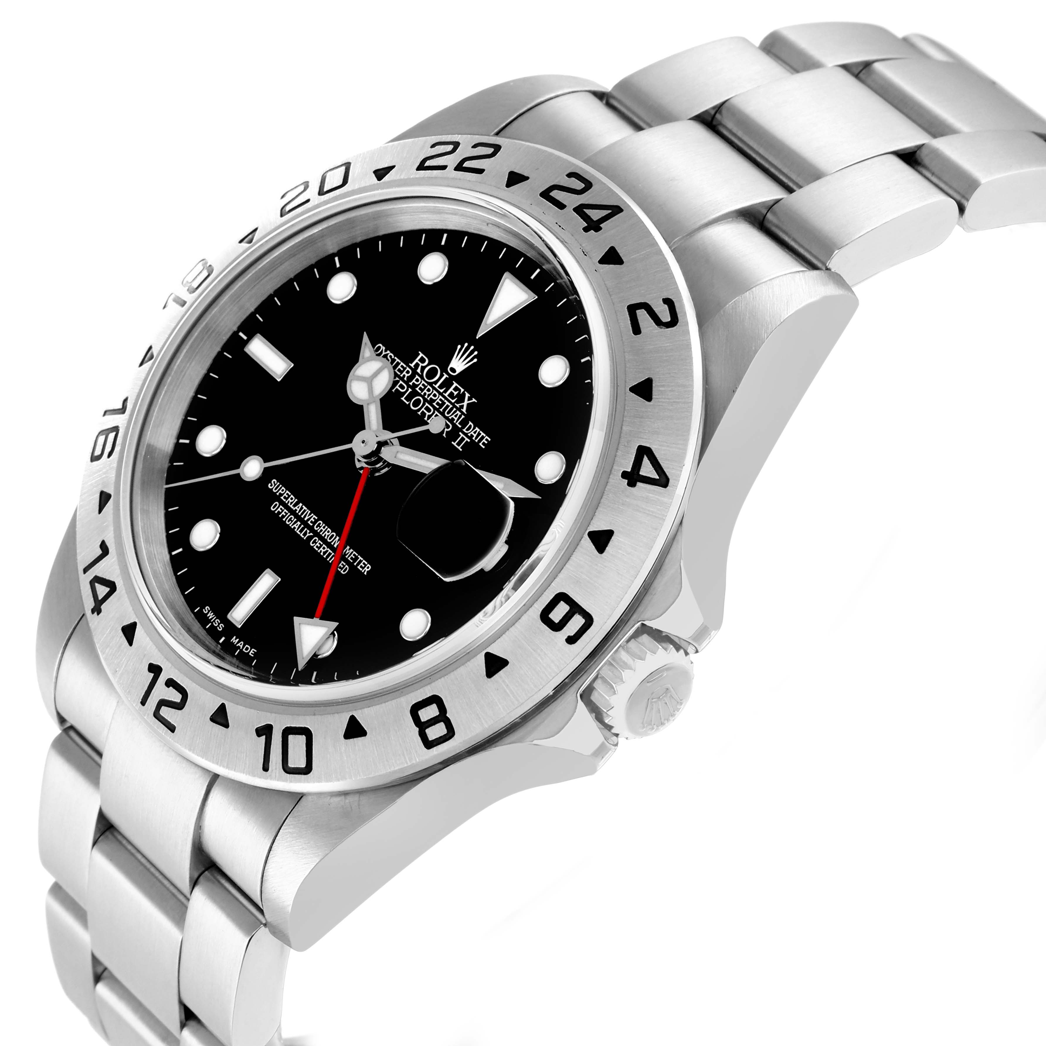 The Rolex Explorer 16570 Men
s Stainless Steel Black Dial model is shown at a three-quarter angle, displaying its dial, bezel, crown, and part of the bracelet.