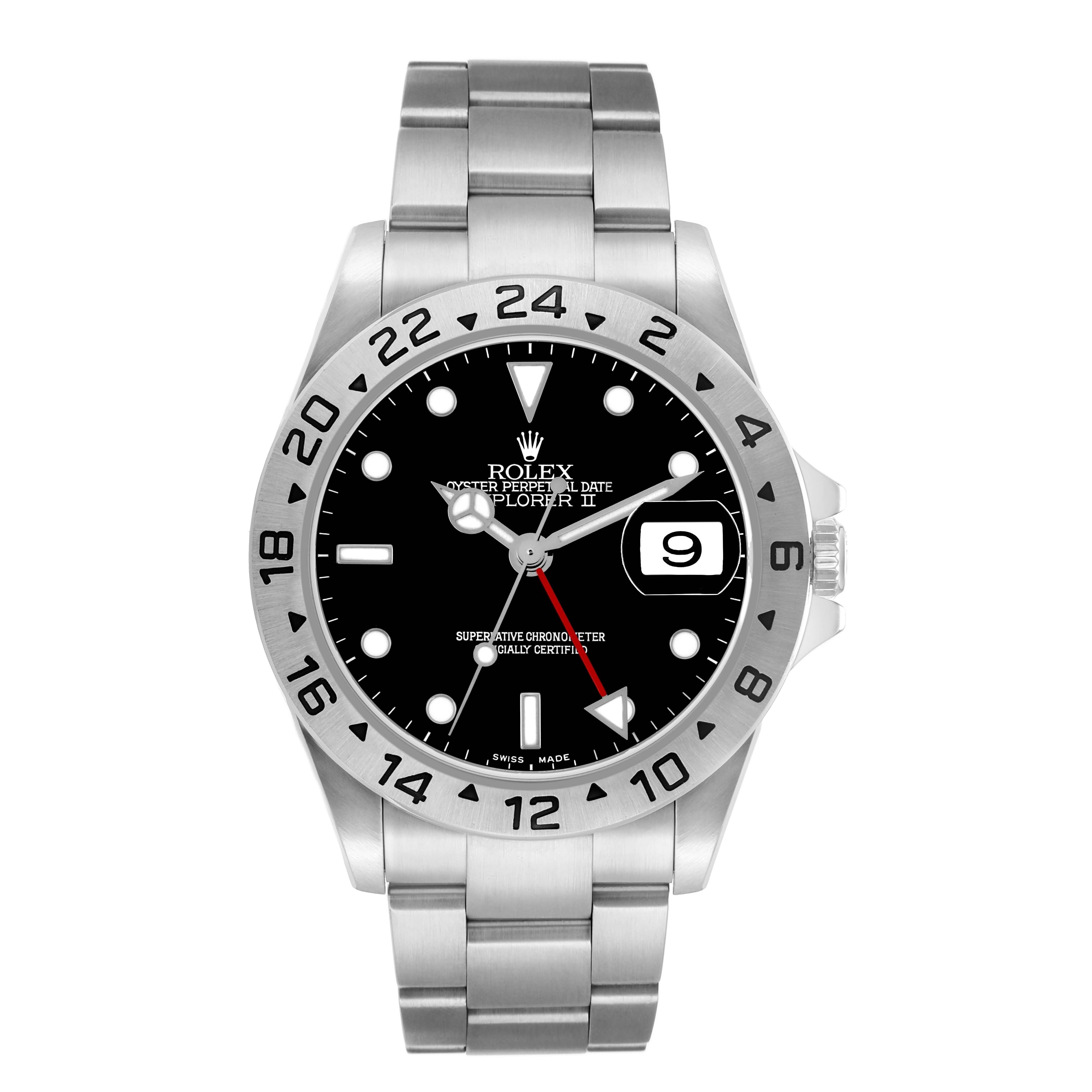 The Rolex Explorer 16570 Men
s Stainless Steel Black Dial II watch is shown from the front, displaying the face, bezel, and bracelet.