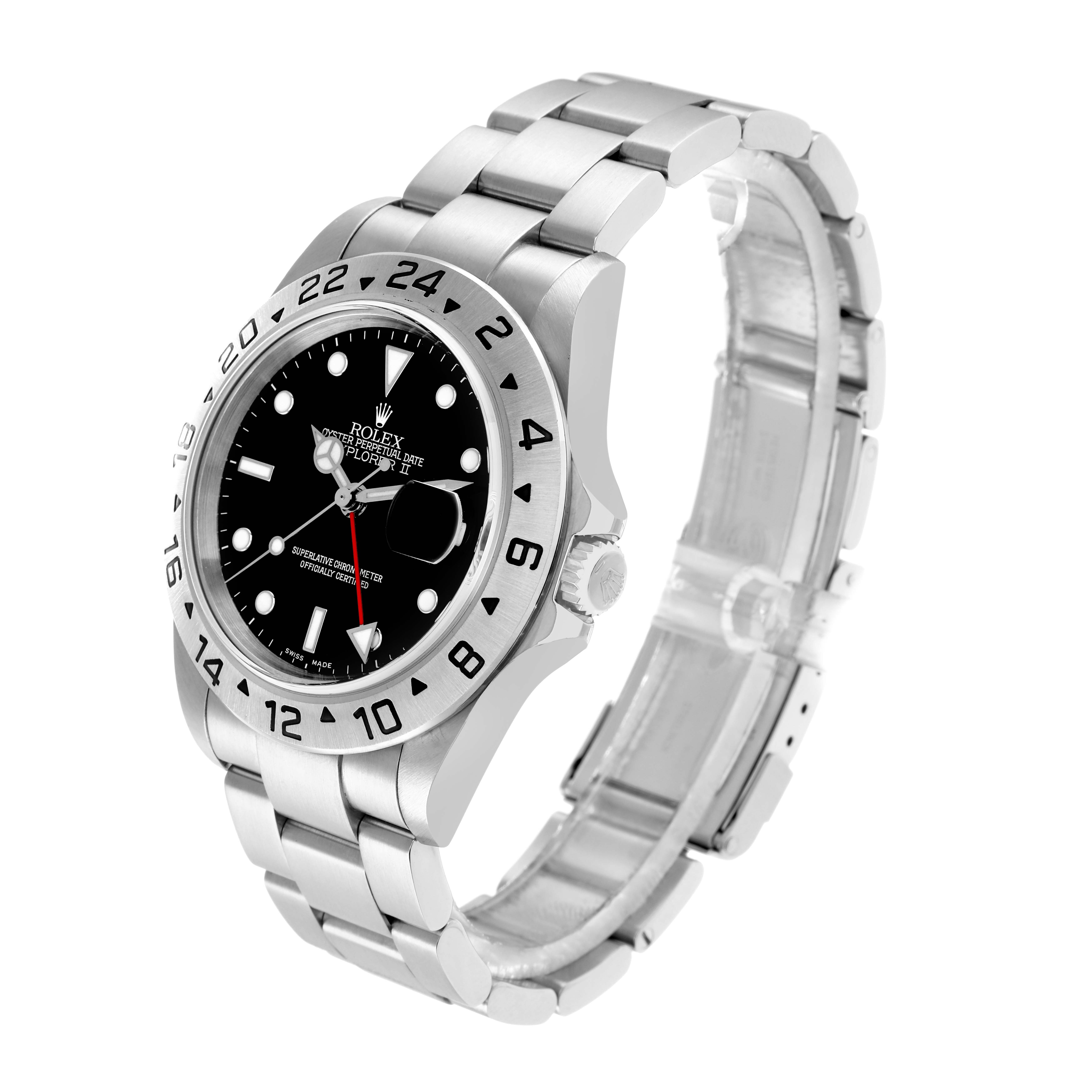 The Rolex Explorer 16570 Men
s Stainless Steel Black Dial watch is shown at a three-quarter angle, highlighting the bezel, dial, bracelet, and clasp.