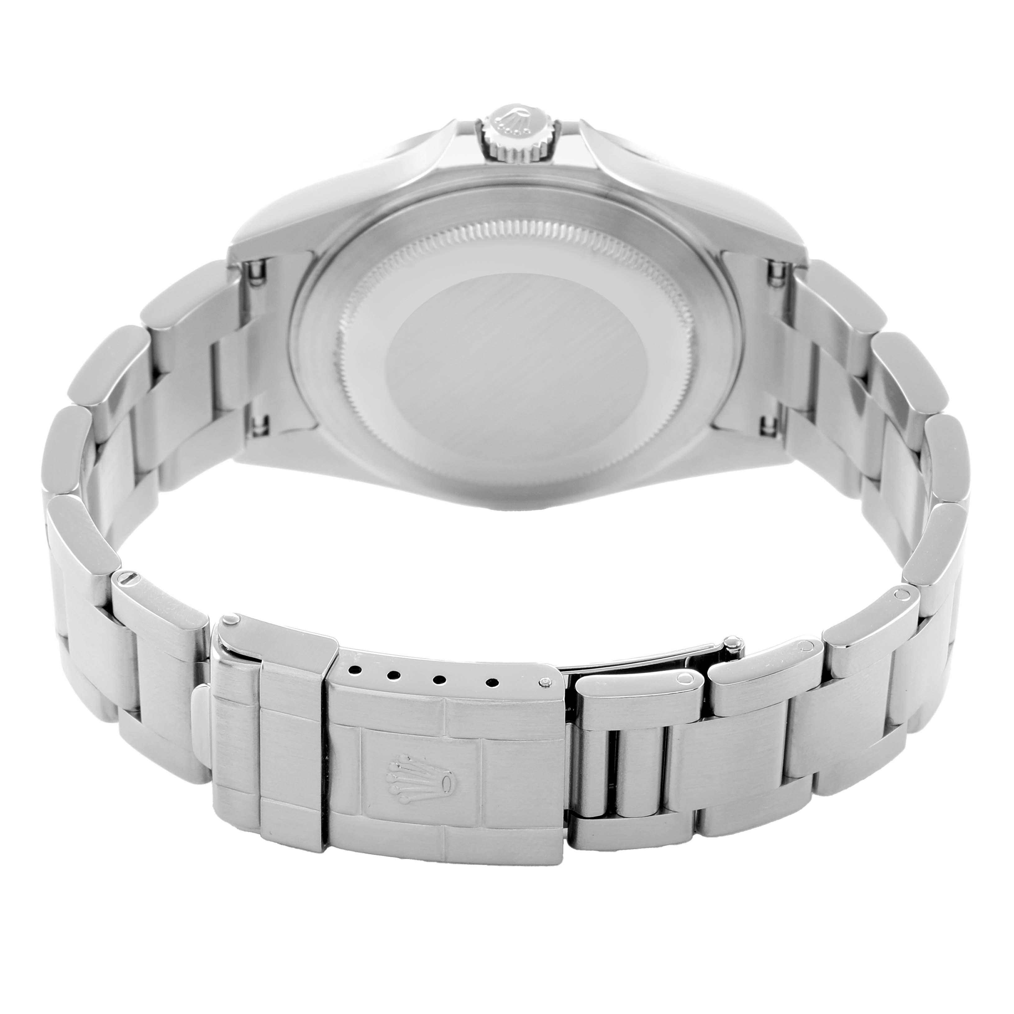 The image shows the back view of a Rolex Explorer 16570 Men
s Stainless Steel Black Dial watch, highlighting its closed clasp and stainless steel bracelet.