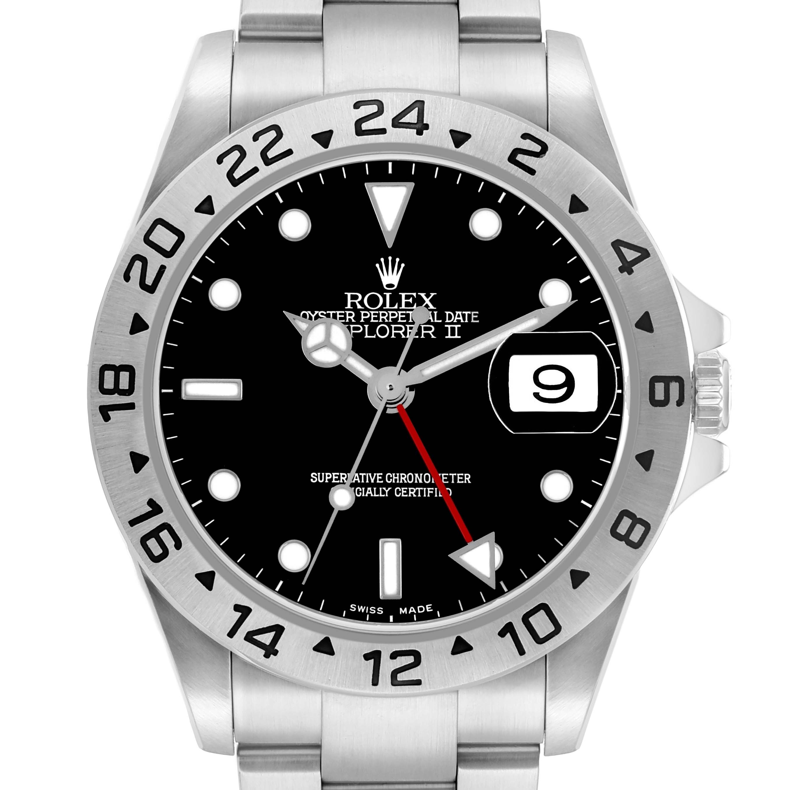 The Rolex Explorer 16570 Men
s Stainless Steel Black Dial II watch is shown from the front, highlighting the dial, bezel, and part of the bracelet.