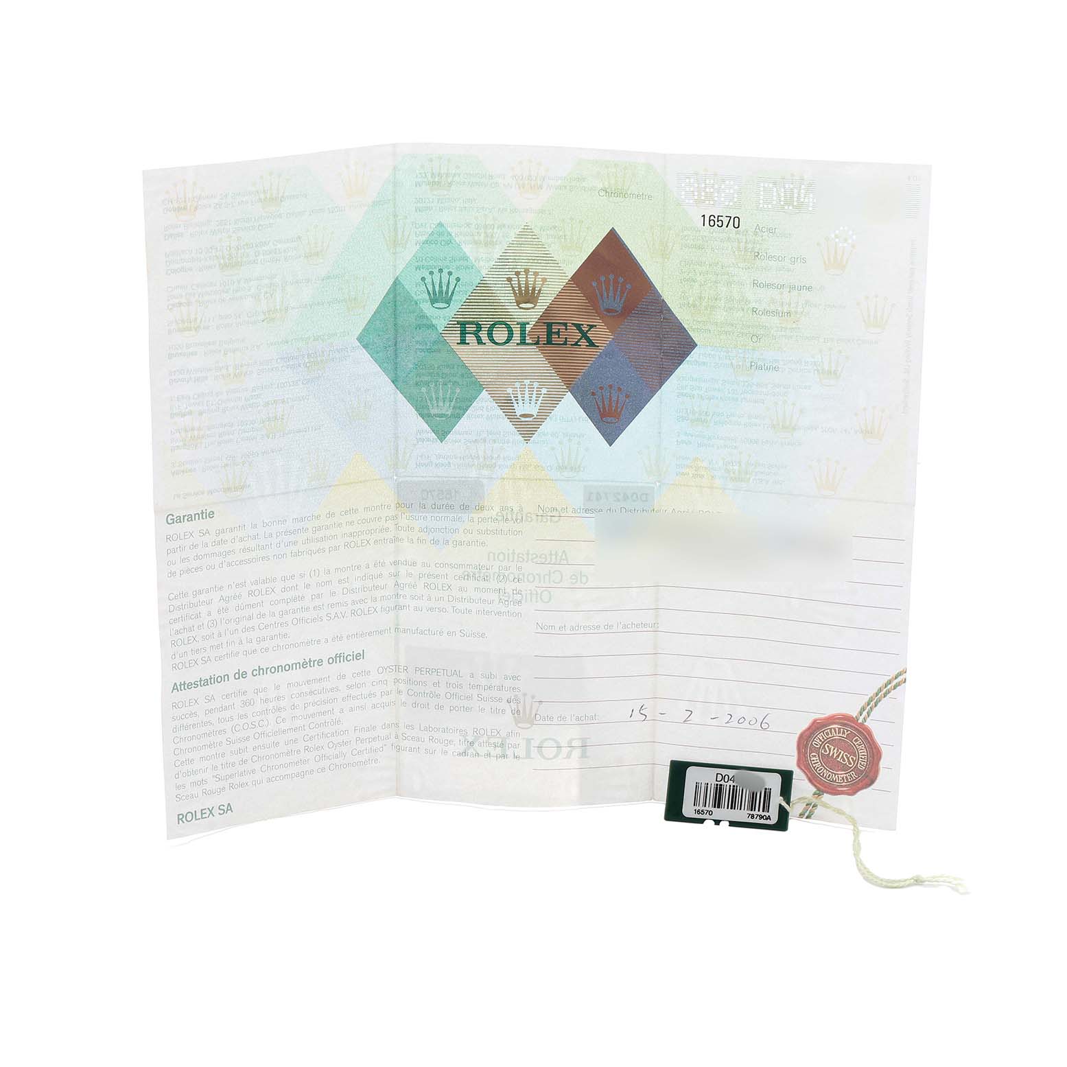 The image shows the warranty papers of a Rolex Explorer 16570 Men
s Stainless Steel Black Dial, highlighting branding and a serial tag.