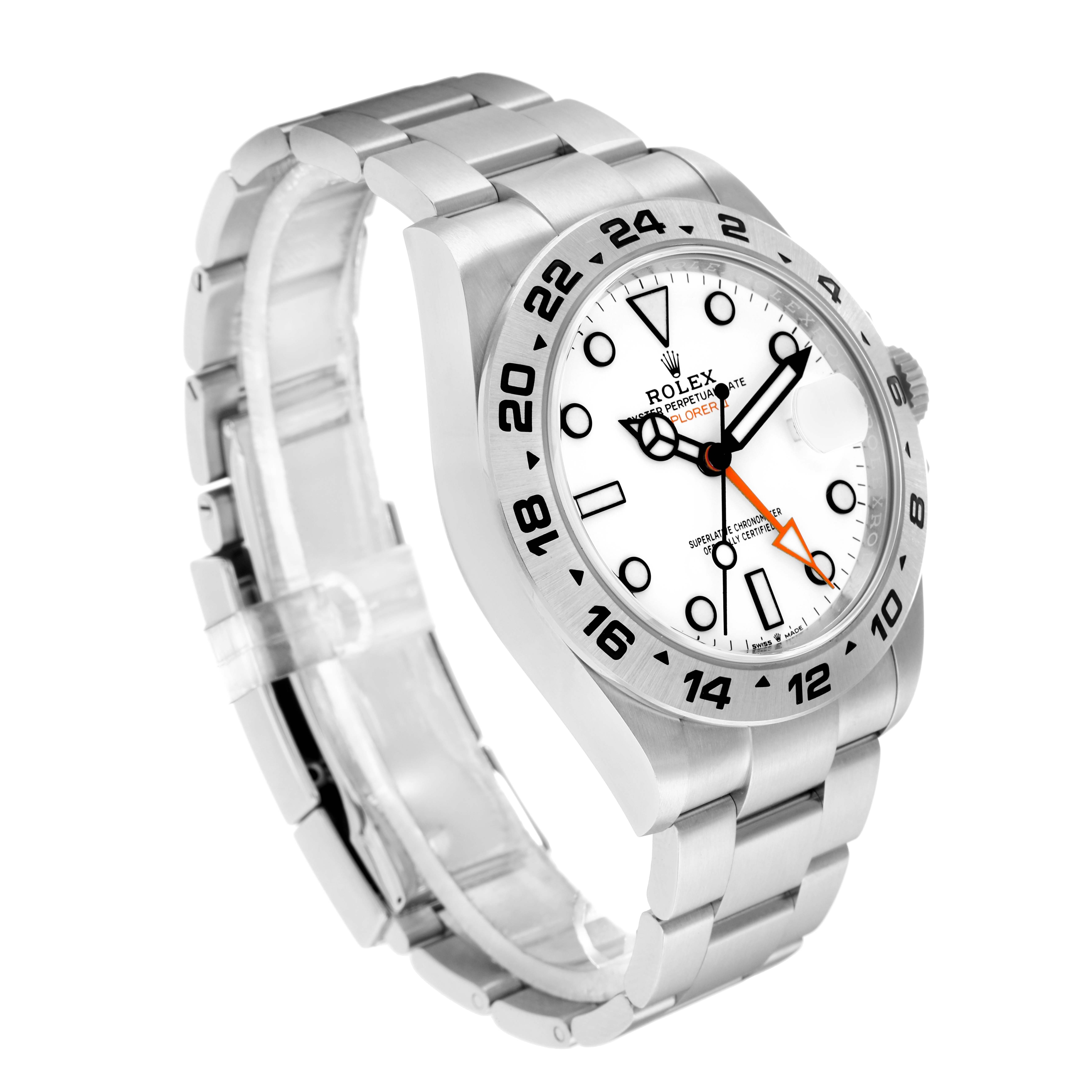 The Rolex Explorer 226570 Men
s Stainless Steel White Dial watch is shown at a three-quarter angle, highlighting the bracelet, case, bezel, and face.