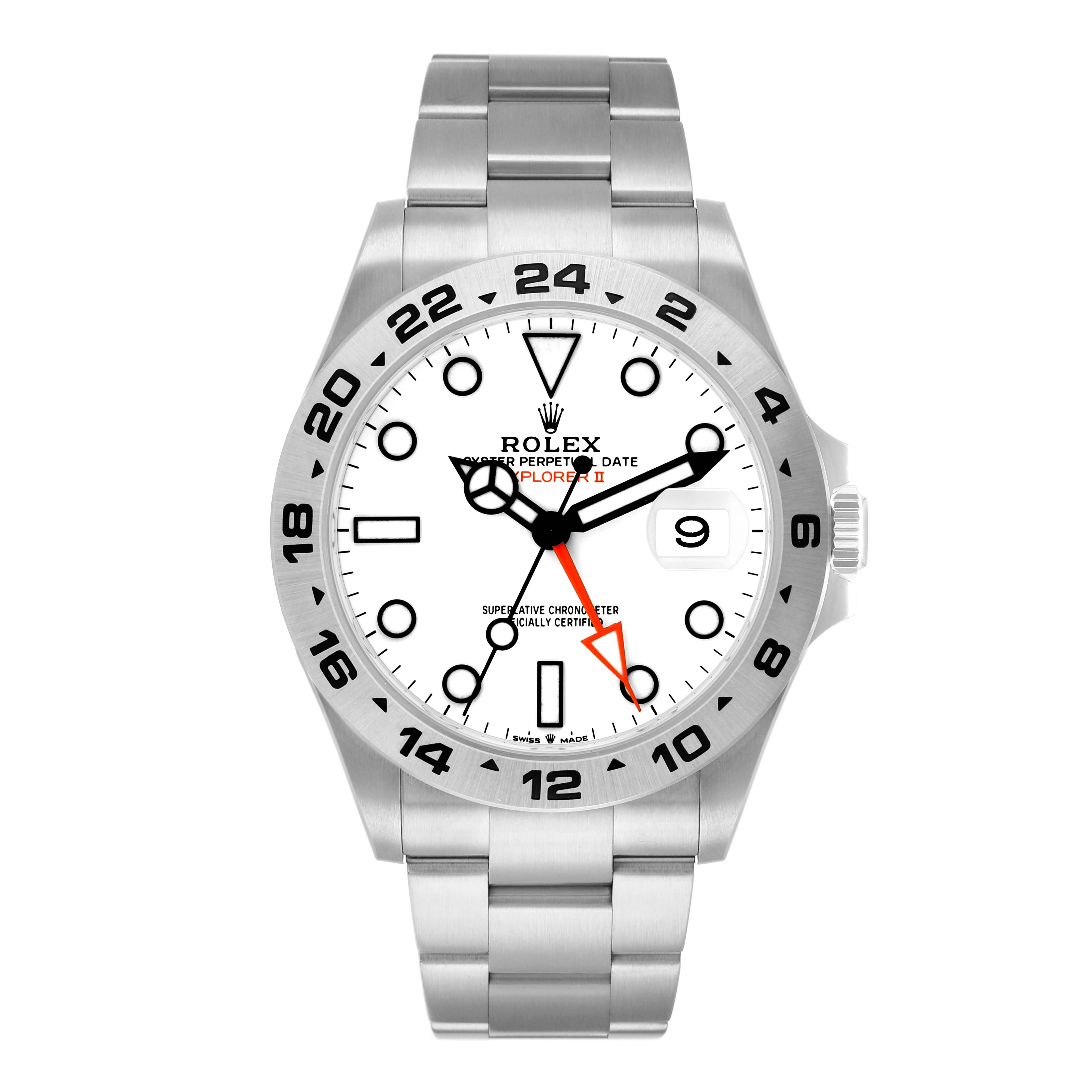 The Rolex Explorer 226570 Men
s Stainless Steel White Dial model is shown from a front angle, displaying the face, bezel, and bracelet.