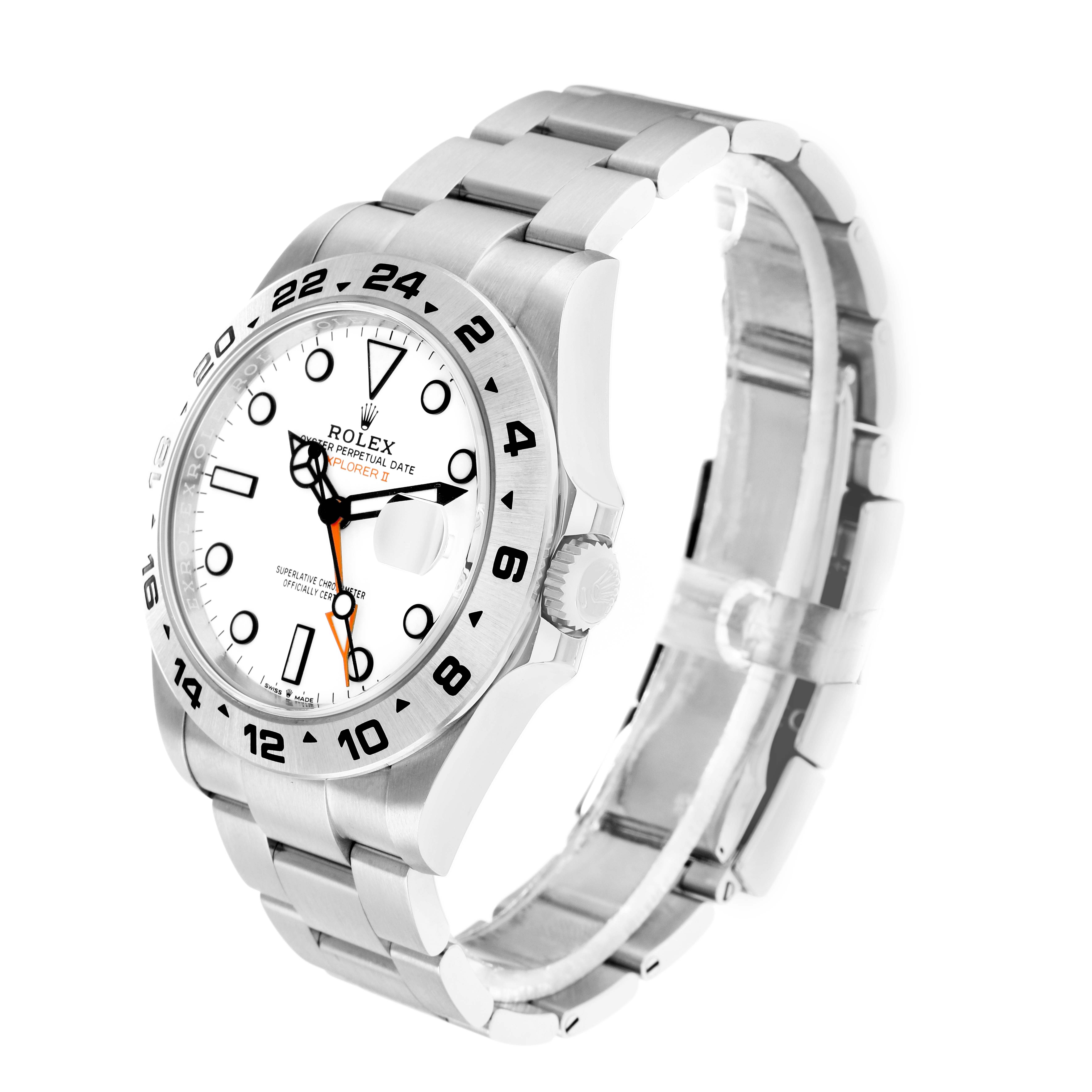 This Rolex Explorer 226570 Men
s Stainless Steel White Dial model is shown at an angle highlighting the bezel, dial, crown, and stainless steel bracelet.