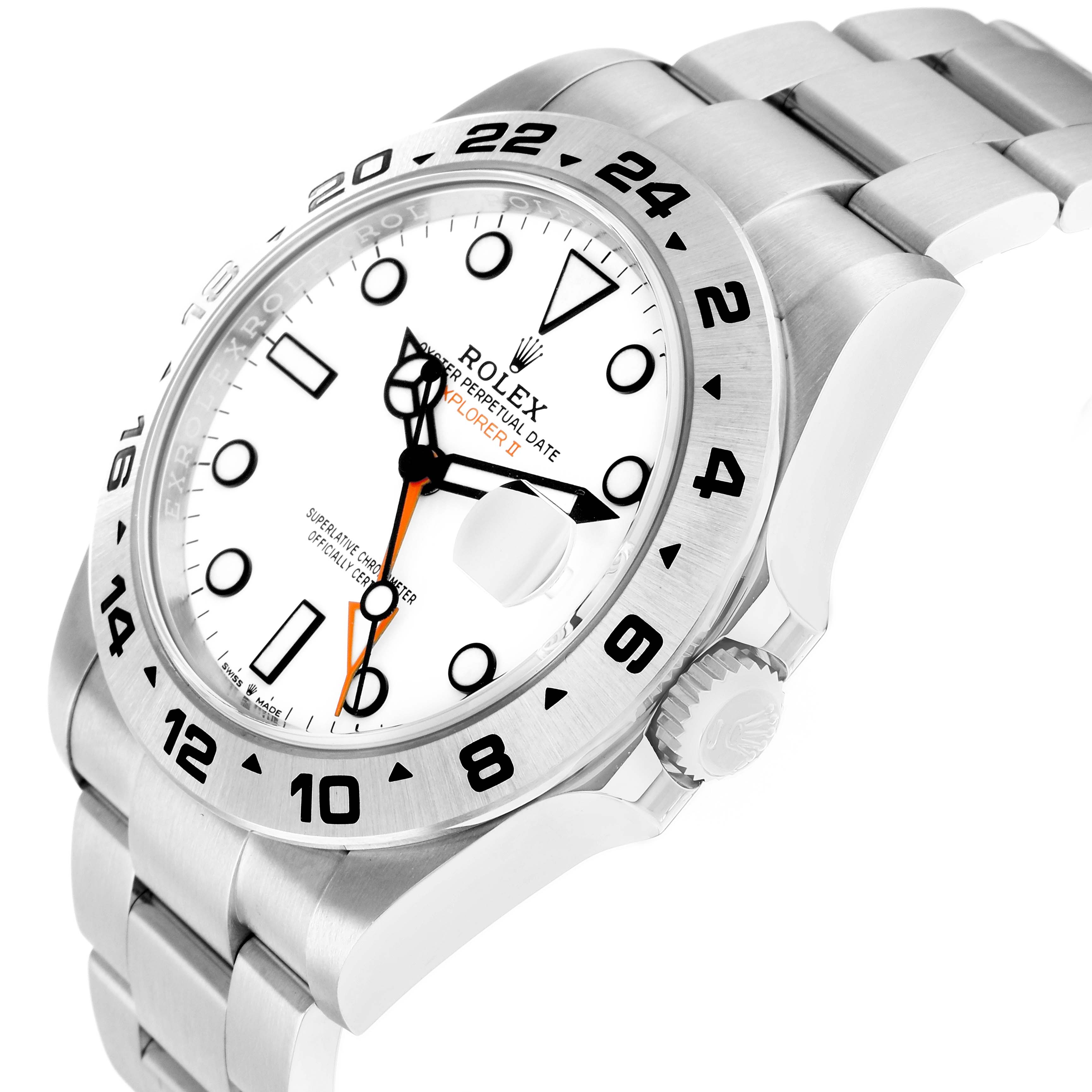 The Rolex Explorer 226570 Men
s Stainless Steel White Dial watch is angled from the front-right, showing the bezel, face, crown, and part of the bracelet.