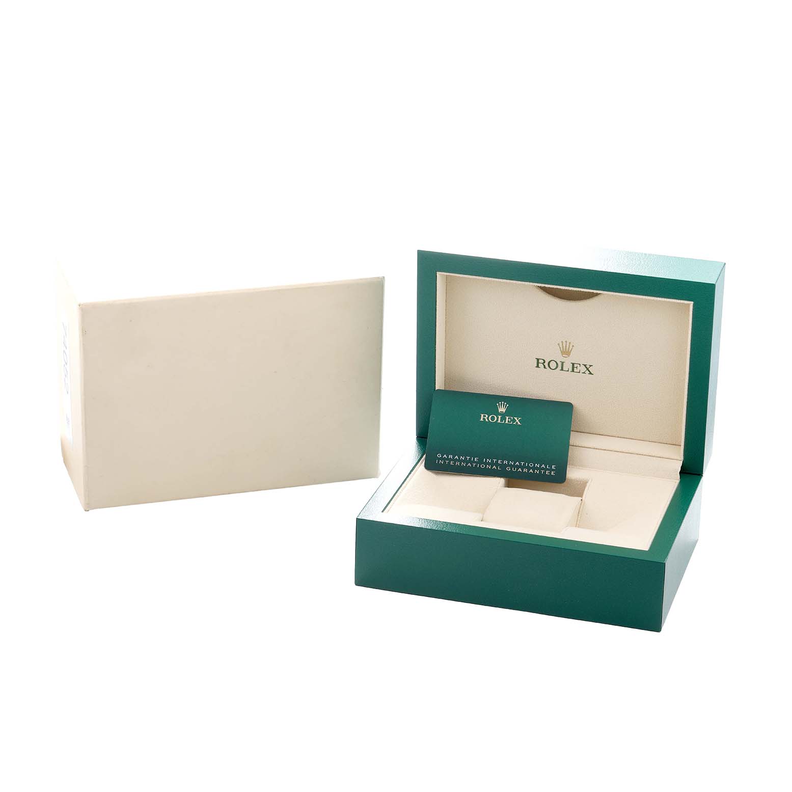 The image shows the packaging for a Rolex Explorer 226570 Men
s Stainless Steel White Dial watch, with an open green Rolex box and a guarantee card inside.