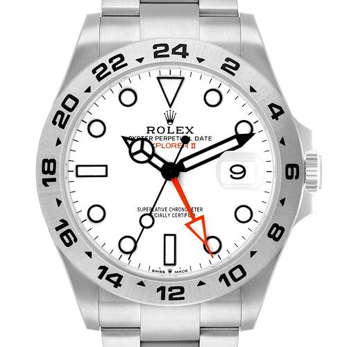 The Rolex Explorer 226570 Men's Stainless Steel White Dial II watch is shown from a front view, highlighting the dial, hands, bezel, and part of the bracelet.