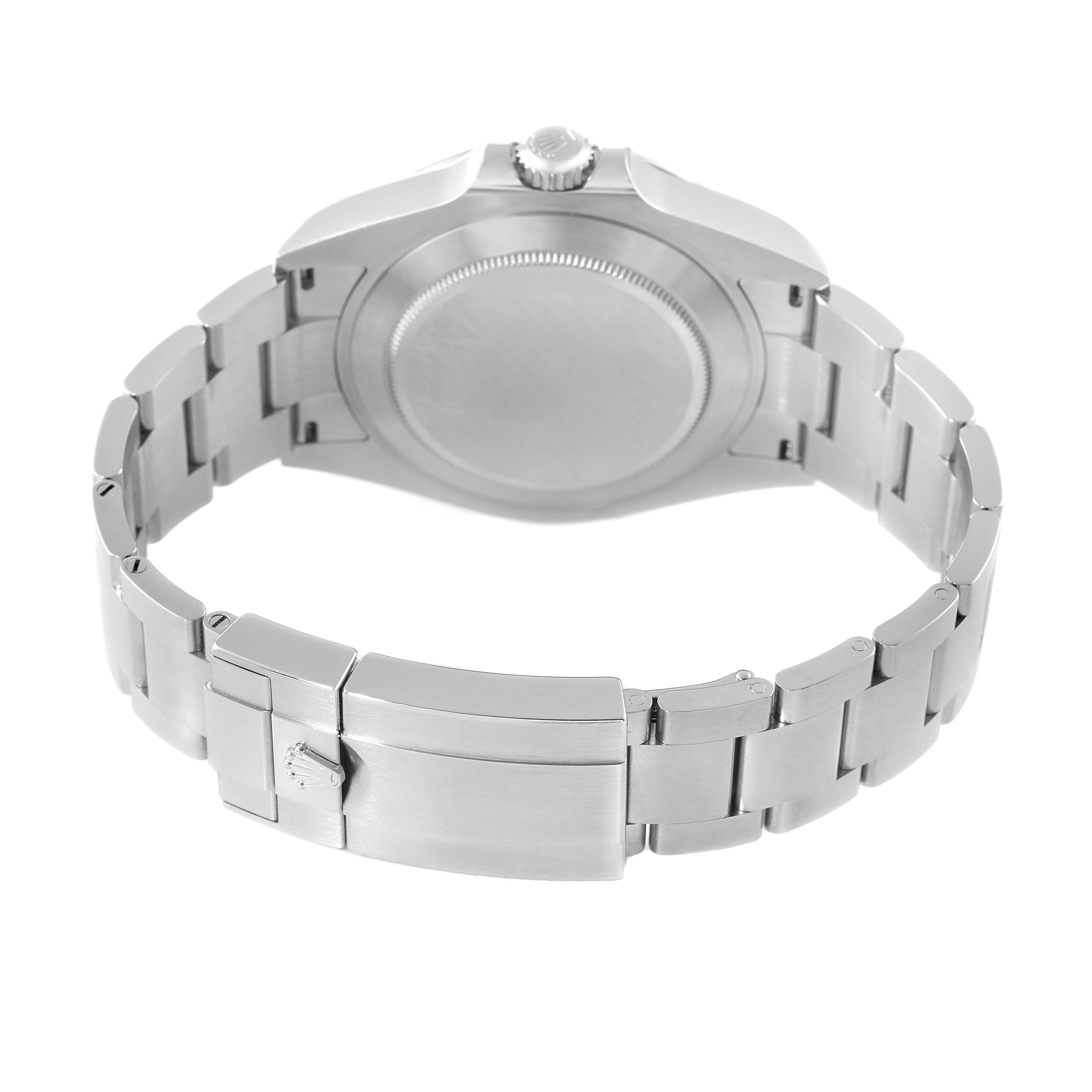 The image shows a rear view of the Rolex Explorer 226570 Men
s Stainless Steel White Dial 226570 Men
s Stainless Steel White Dial
s case back, crown, and bracelet clasp.