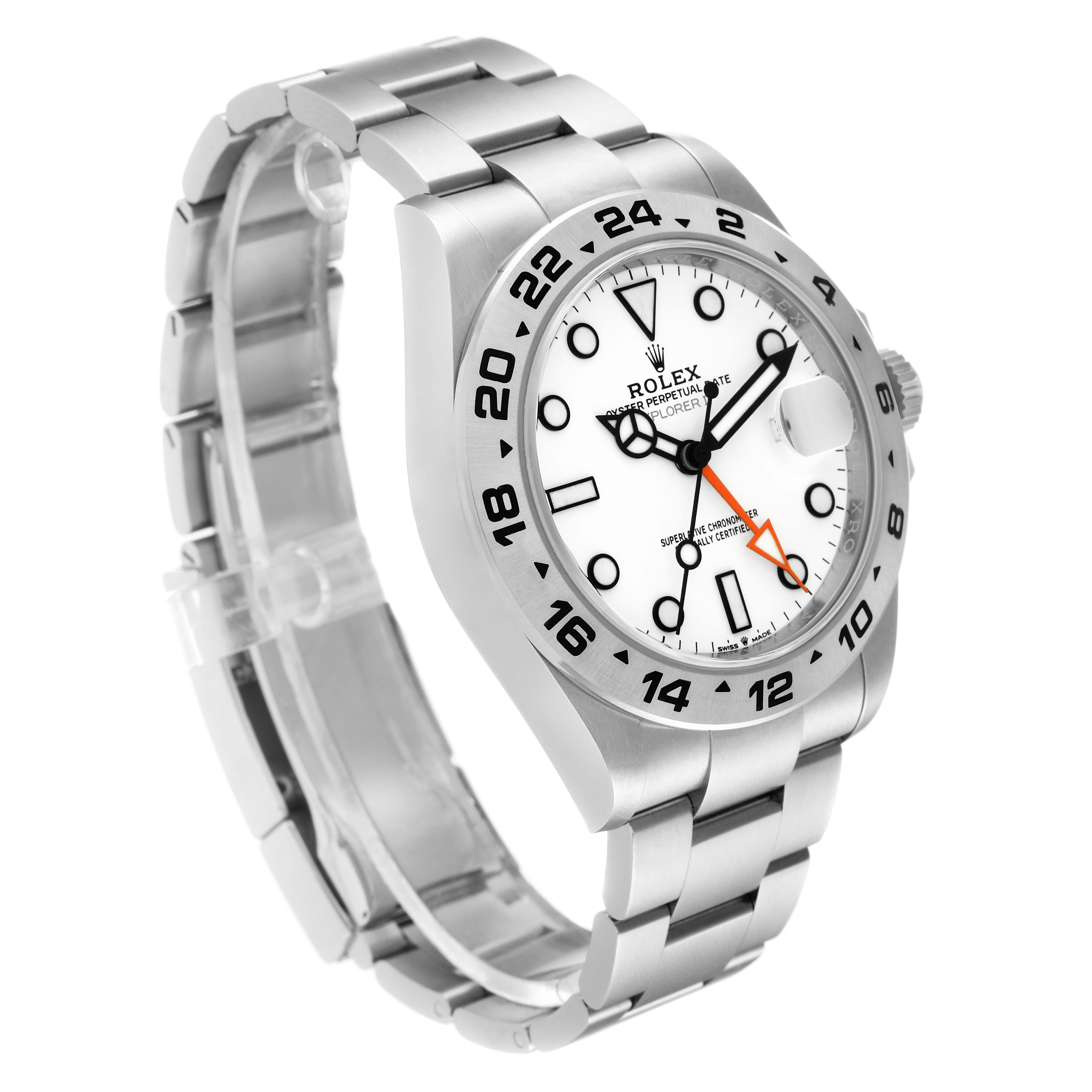 The image shows a sunlit angle of a Rolex Explorer 226570 Men
s Stainless Steel White Dial 226570 Men
s Stainless Steel White Dial model, highlighting the watch face, bezel, and metal bracelet.