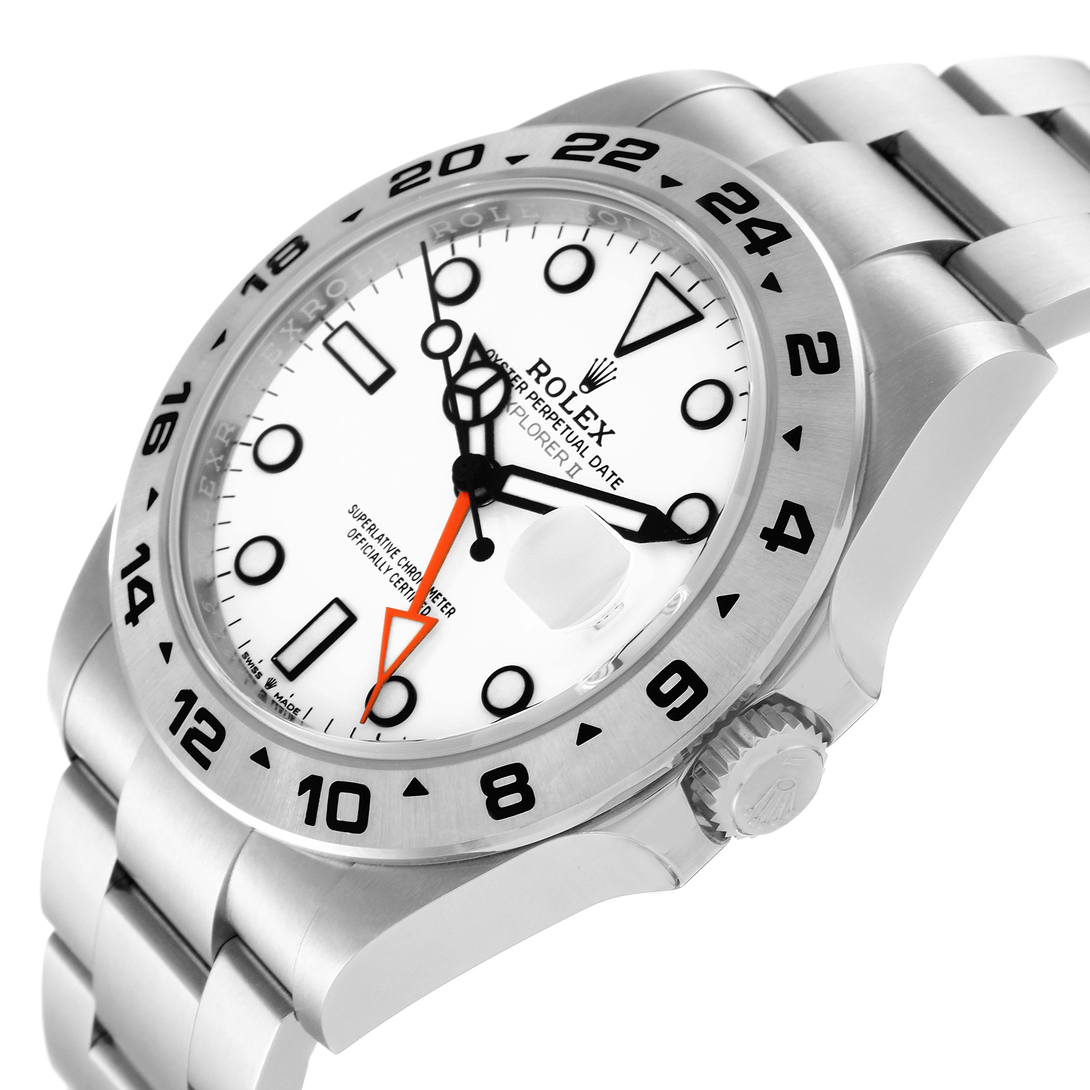 The image shows a Rolex Explorer 226570 Men
s Stainless Steel White Dial 226570 Men
s Stainless Steel White Dial watch, angled from the top right, displaying the face, bezel, part of the bracelet, and crown.