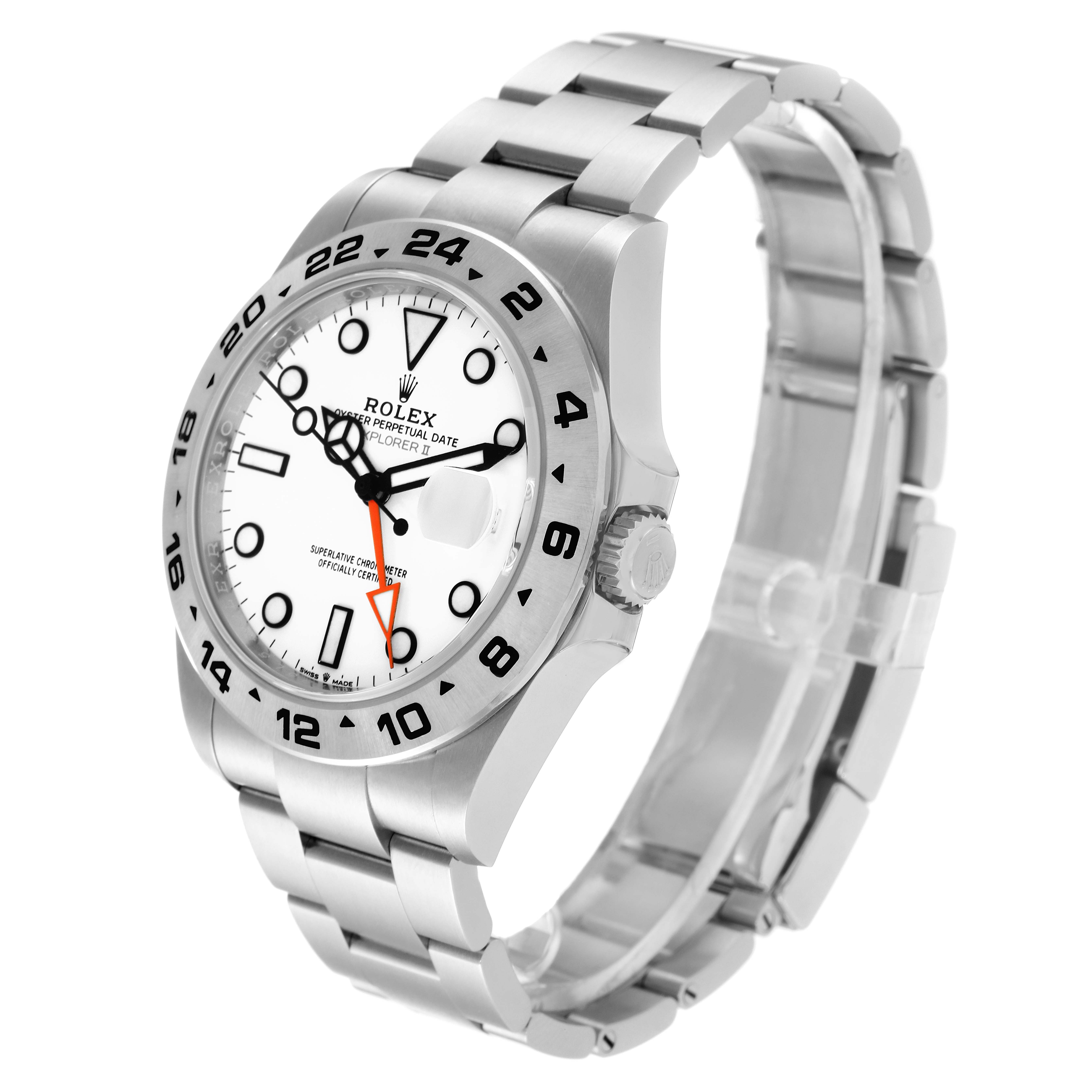 The Rolex Explorer 226570 Men
s Stainless Steel White Dial 226570 Men
s Stainless Steel White Dial watch is shown at a right angle view, displaying the face, bezel, crown, and bracelet.
