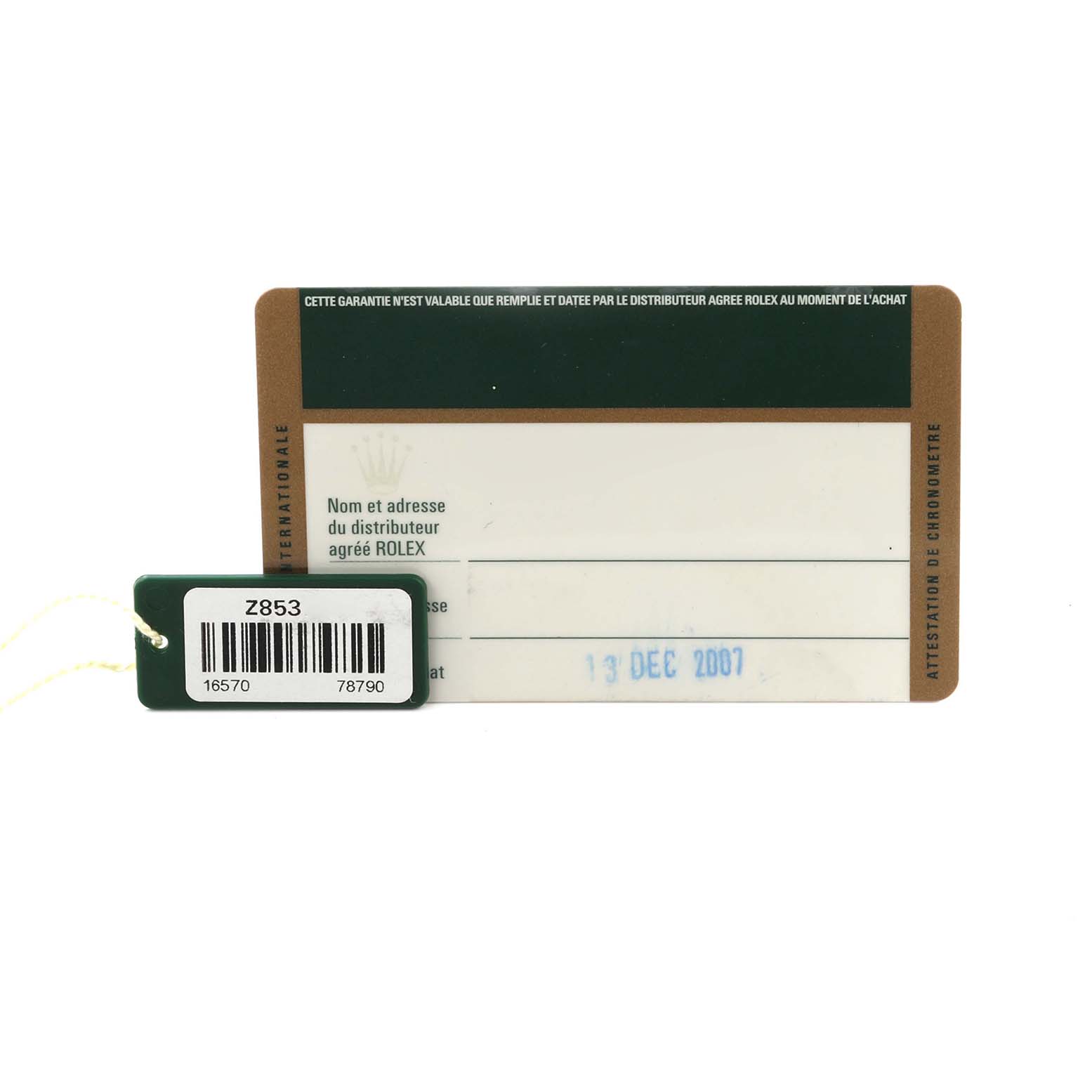 The image shows a Rolex Explorer 16570T Men's Stainless Steel Black Dial 16570T Men's Stainless Steel Black Dial tag and warranty card, displaying model details and purchase date.