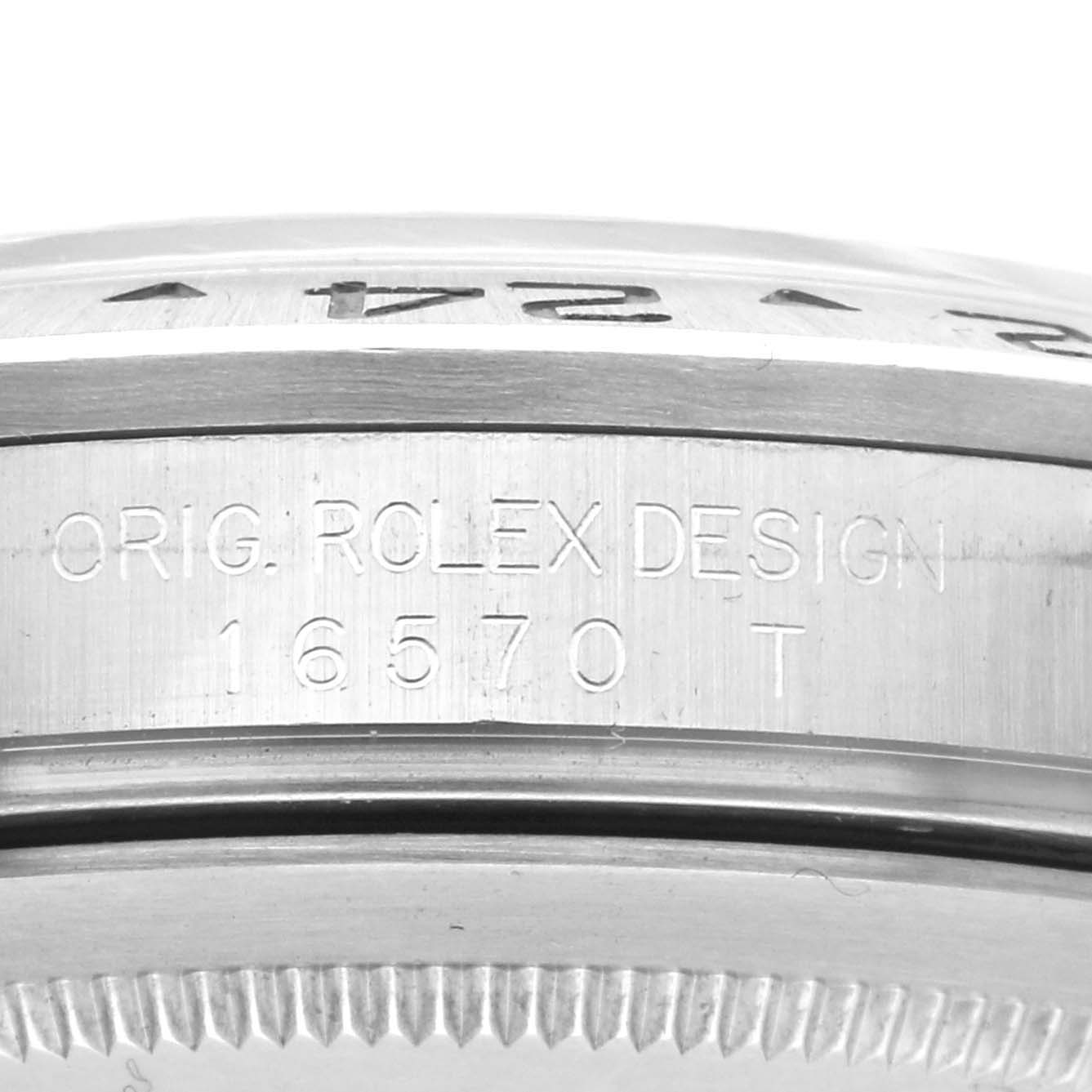 The image shows a close-up of the side, focusing on the engraved bezel and case of the Rolex Explorer 16570T Men's Stainless Steel Black Dial 16570T Men's Stainless Steel Black Dial, model number 16570.