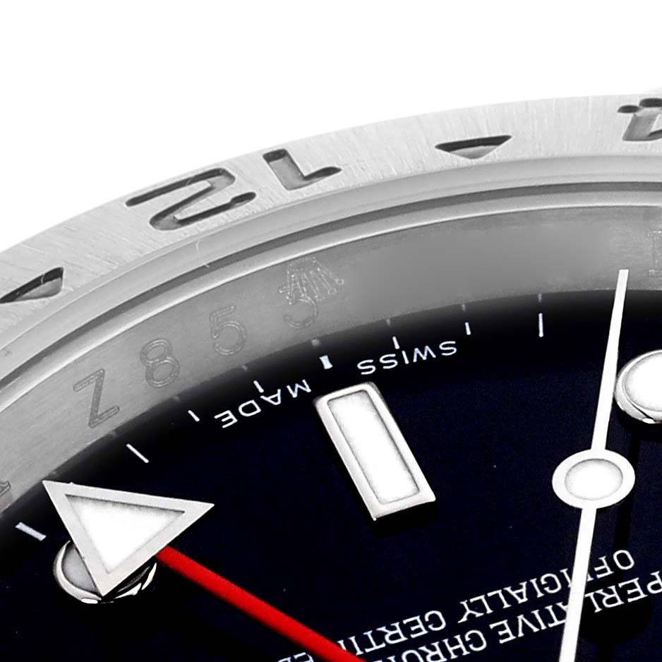 The image shows a close-up of the Rolex Explorer 16570T Men's Stainless Steel Black Dial 16570T Men's Stainless Steel Black Dial's dial, hands, and partial bezel from an angled perspective.