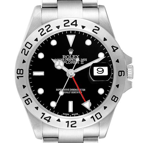The Rolex Explorer II is shown from a front angle, highlighting the bezel, dial, hands, date, and bracelet.